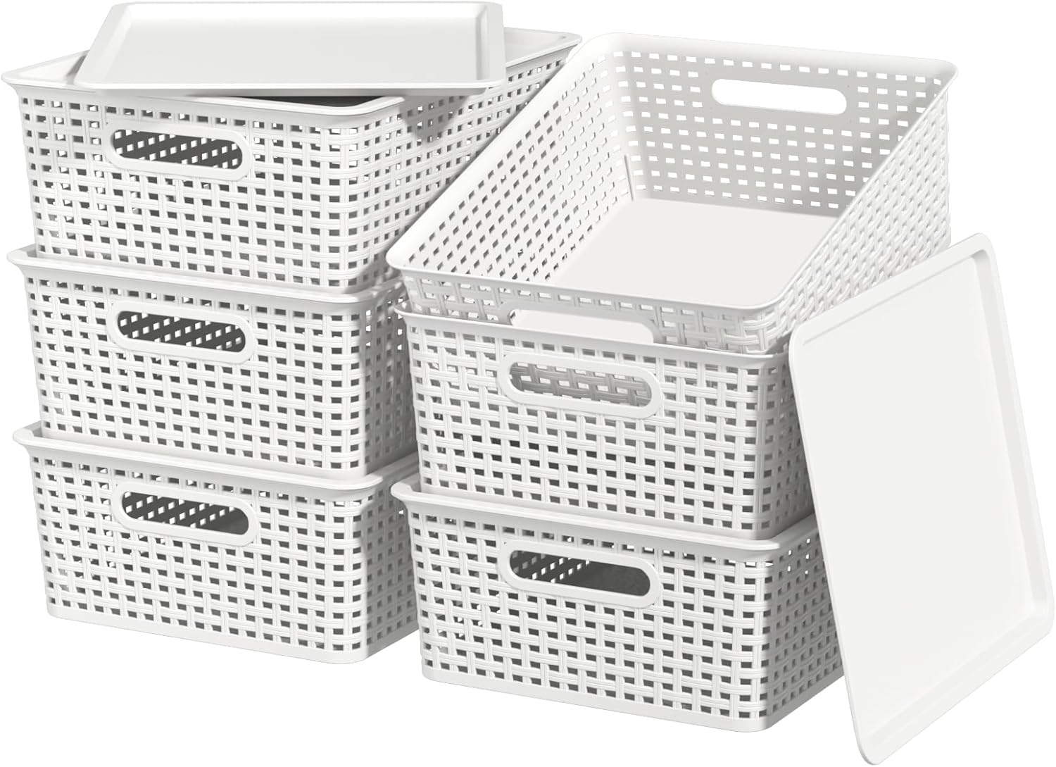 6 Pack Large Plastic Shelf Storage Baskets with Lid, Stackable Plastic Organizer Bins with Lids, 14.09"x 11.69"x 5.35", White