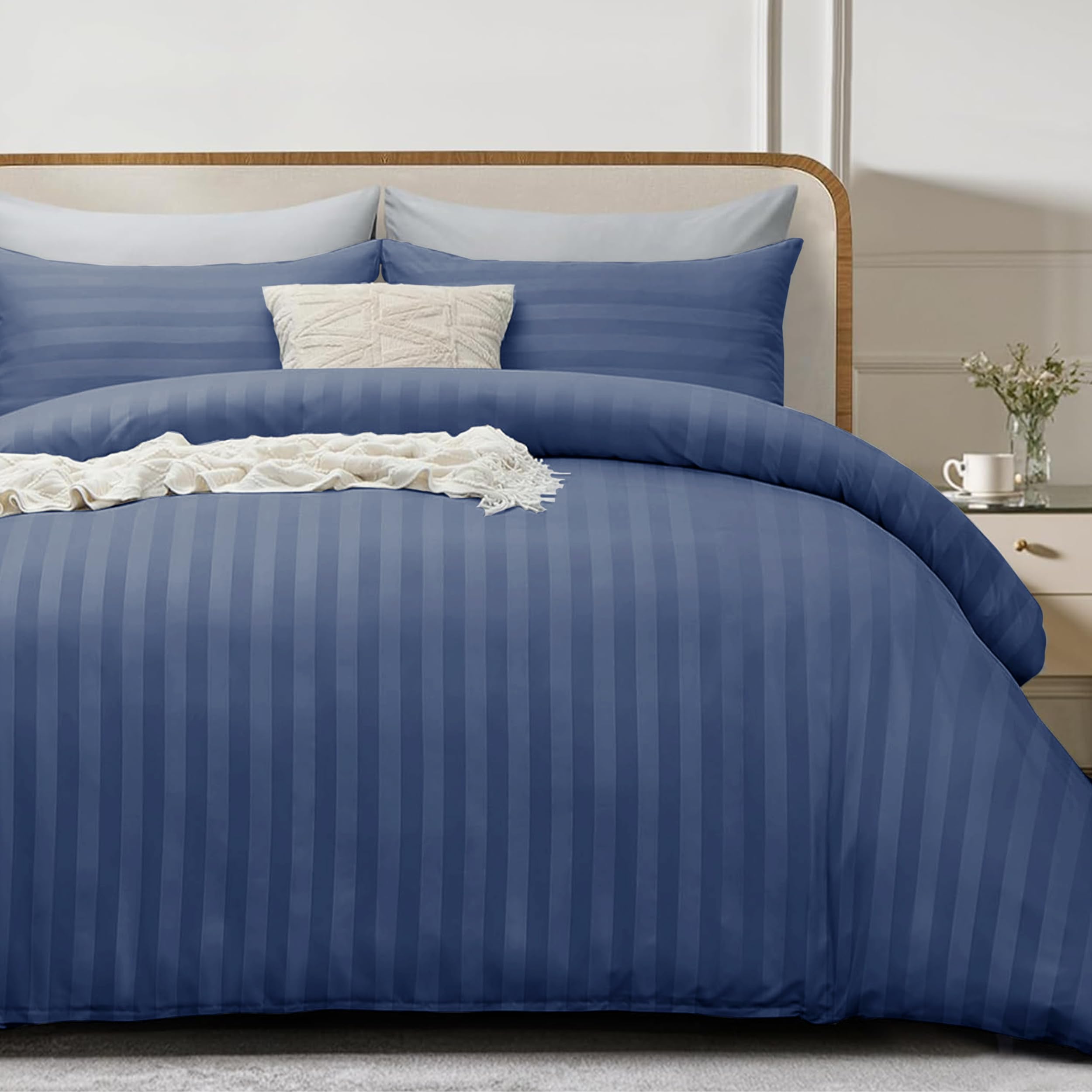 My home store Navy Double Duvet Cover Set 4 Pcs Satin Stripe Duvet Covers Soft Brushed Microfiber Bedding Set including Fitted Sheet 30 CM Deep & 2 Pillowcases - Image 2