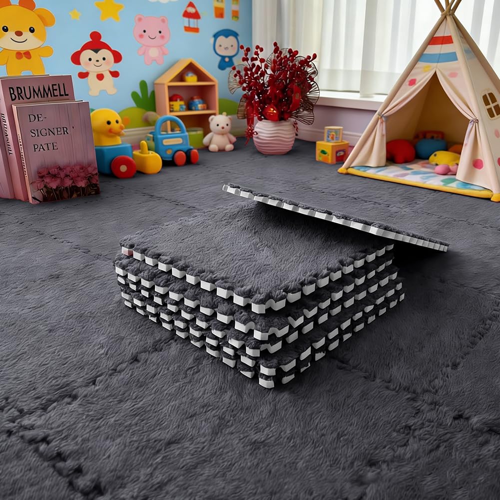 12 Stück Ineinandergreifende Plüsch-Schaumstoffmatte,Wohnzimmer-Schlafzimmer-Teppichfliesen,Teppichfliesen Bodenmatten Mit Rand,Weiche Spielmatten Puzzle Teppich 30x30x1cm (Schwarz)