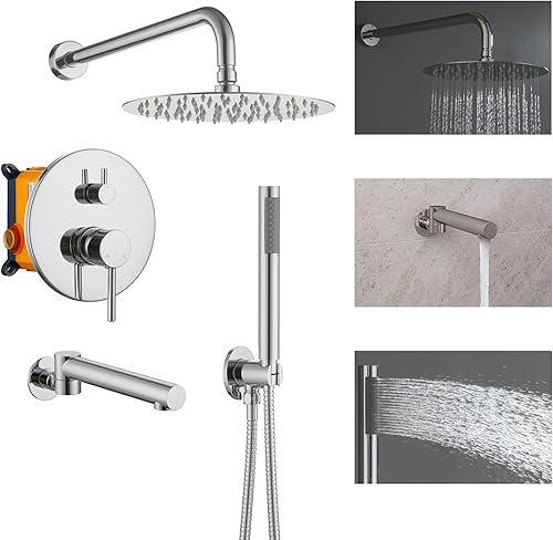 Clihome Juego completo de grifos de ducha de 10 pulgadas con sistema de cabezal de ducha de lluvia con cabezal de ducha de mano, cabezal de ducha