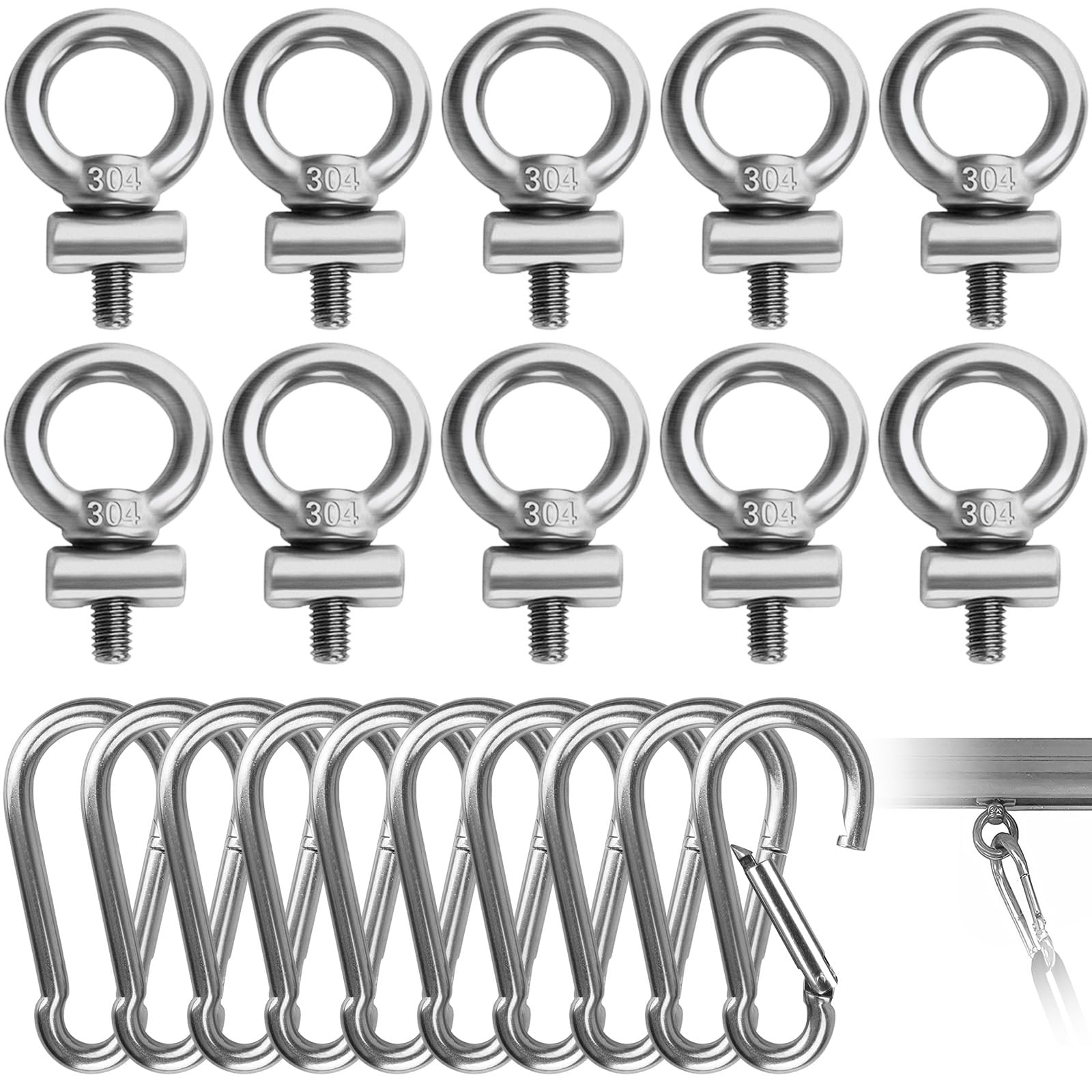 10 Pcs M4 Awning Rail Stoppers with 10 Carabiners, 304 Stainless Steel Lifting Eye Bolt Kit, Nut Thread Ring, Awning Piping Stopper, Screw Accessories for Caravan, Camping Tent, Motorhome, Campervan