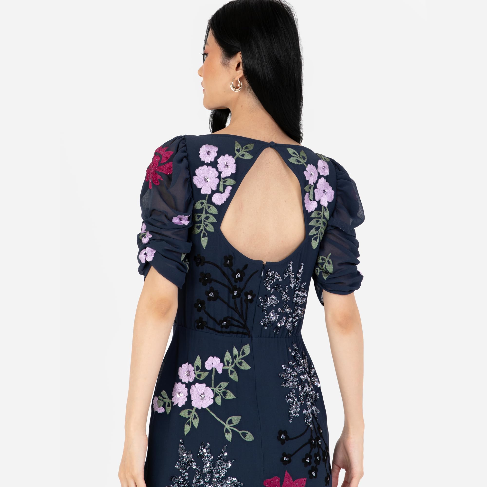Maya Deluxe Women's Maxi Dress Ladies Embroidered Sweetheart Neckline Ruched Sleeves for Wedding Guest Bridesmaid Prom Ball Gown, Vestido Mujer, Navy,