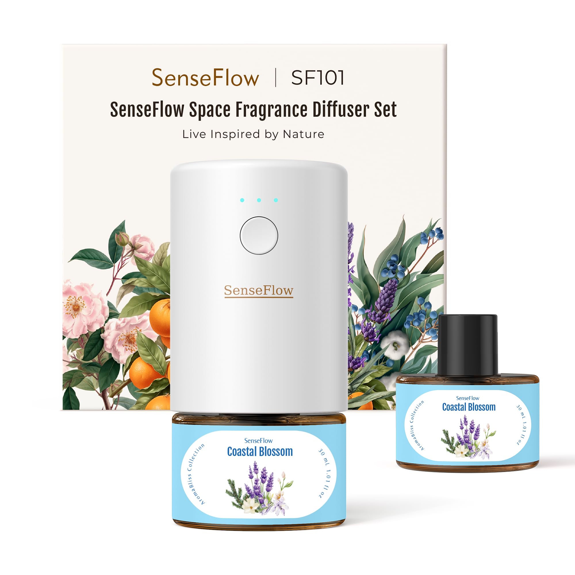 Aroma Diffuser für Ätherische Öle SF101, Wasserloser Ultraschall Duftstecker Raumduft, 100% pflanzlich Lufterfrischer, 120-Tage Aroma für Zuhause, Hotel - bis zu 100 m² - Küstenblüte
