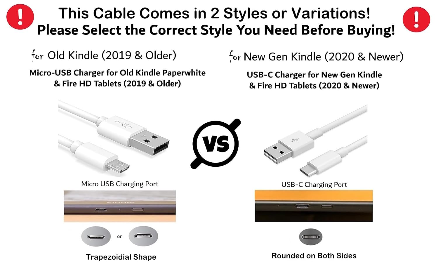 6ft Long USB to Micro-USB Replacement Charger Cable Cord Accessory Designed for Old (2019 and Older) Kindle Paperwhite E-Readers, Oasis and Fire Tablets (White)