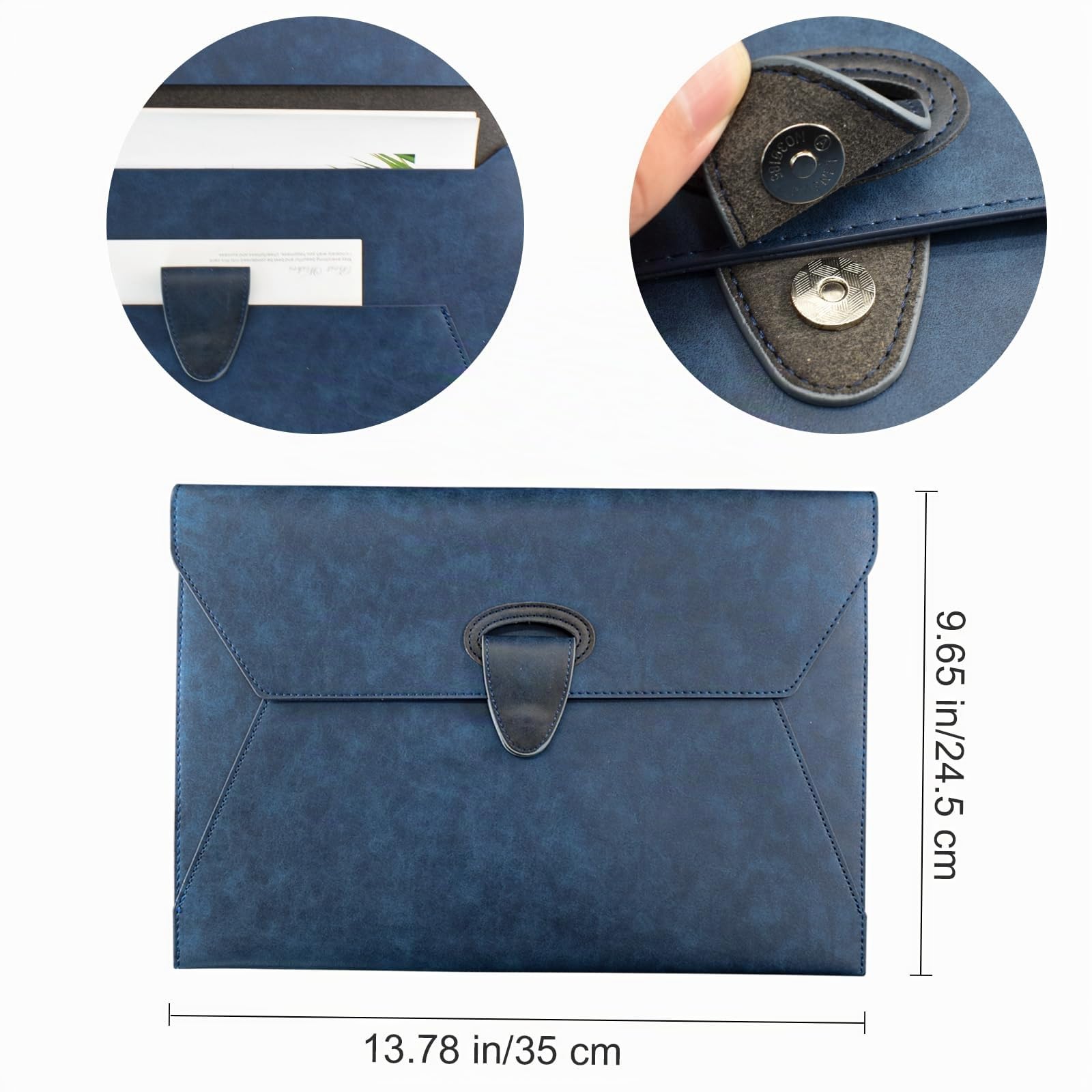 VANRA Porte-documents en cuir synthétique imperméable avec 2 poches, format A4 avec fermeture à bouton-pression magnétique (bleu marine)
