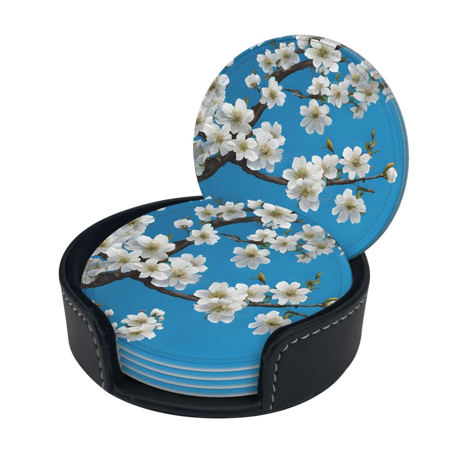 Japanese Cherry Flowers Print Coaster,Round Leather Coasters with Storage Box for Wine Mugs,Cold Drinks and Cups Tabletop Protection (6 Piece)