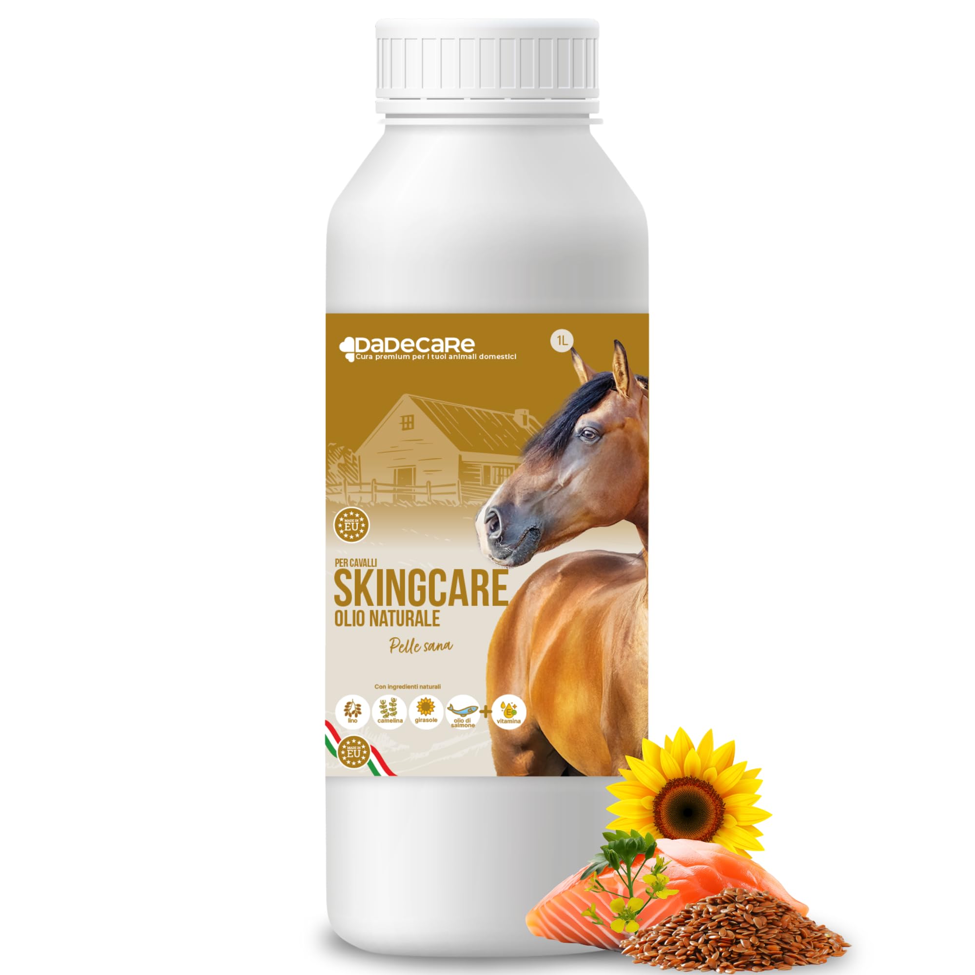 Skingcare - Integratore Dermatologico per Cavalli - 1L | Omega 3 6 9 con semi di Lino, Camelina, Girasole e Salmone: | Supporto Nutrizionale per Pelle Secca e Manto Opaco