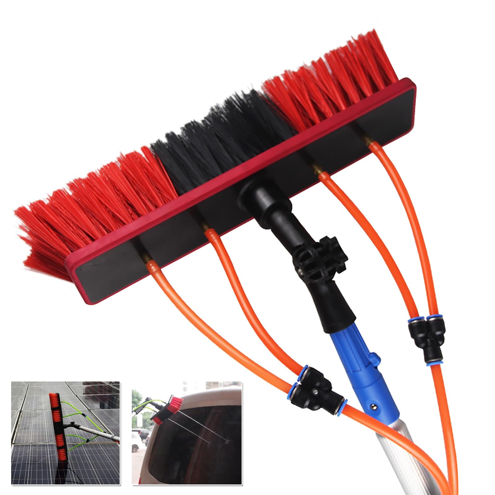 Brosse de nettoyage pour panneaux solaires hydro-alimentée avec manche télescopique