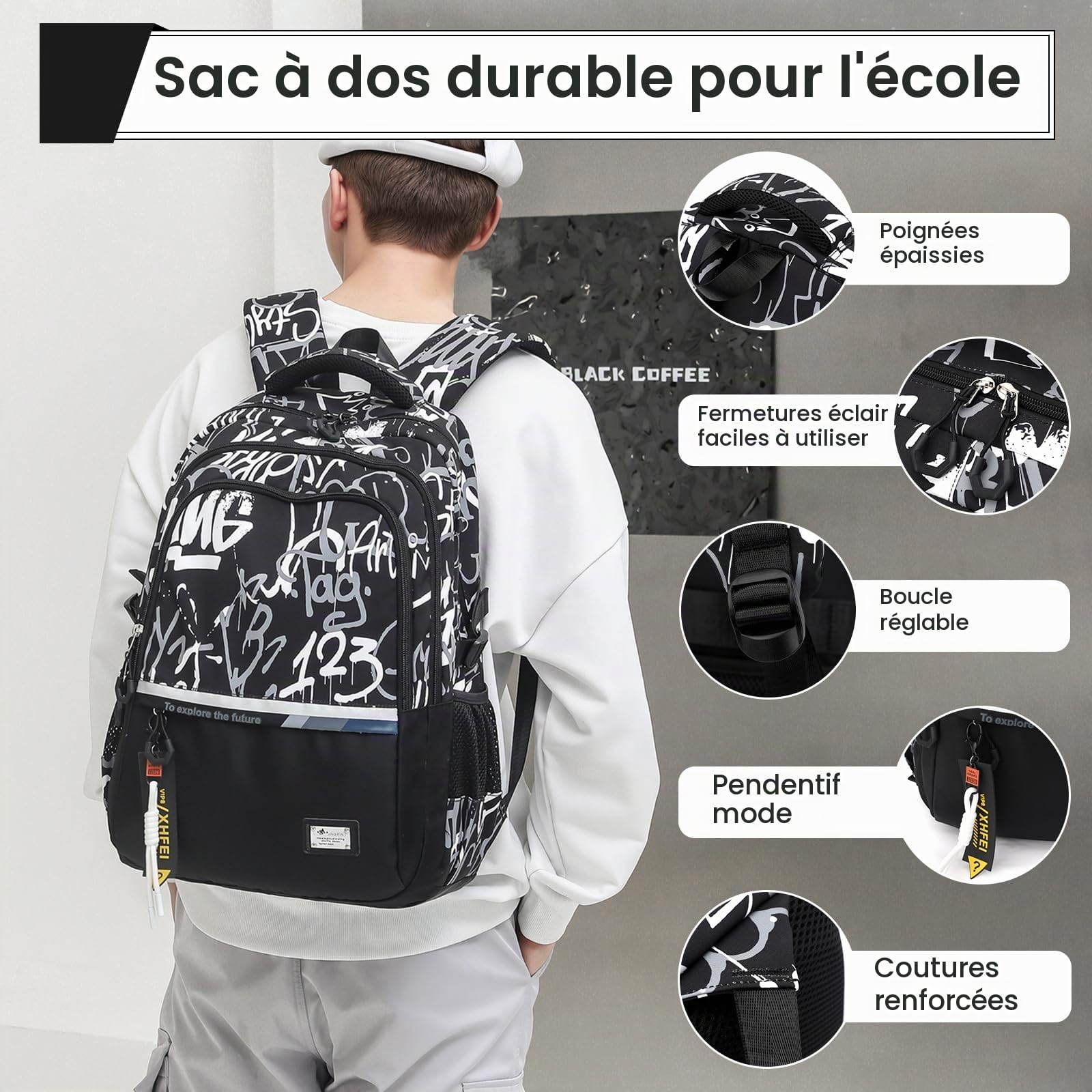 Amythe Sac à Dos College pour Garçons Adolescents Tendance Grande