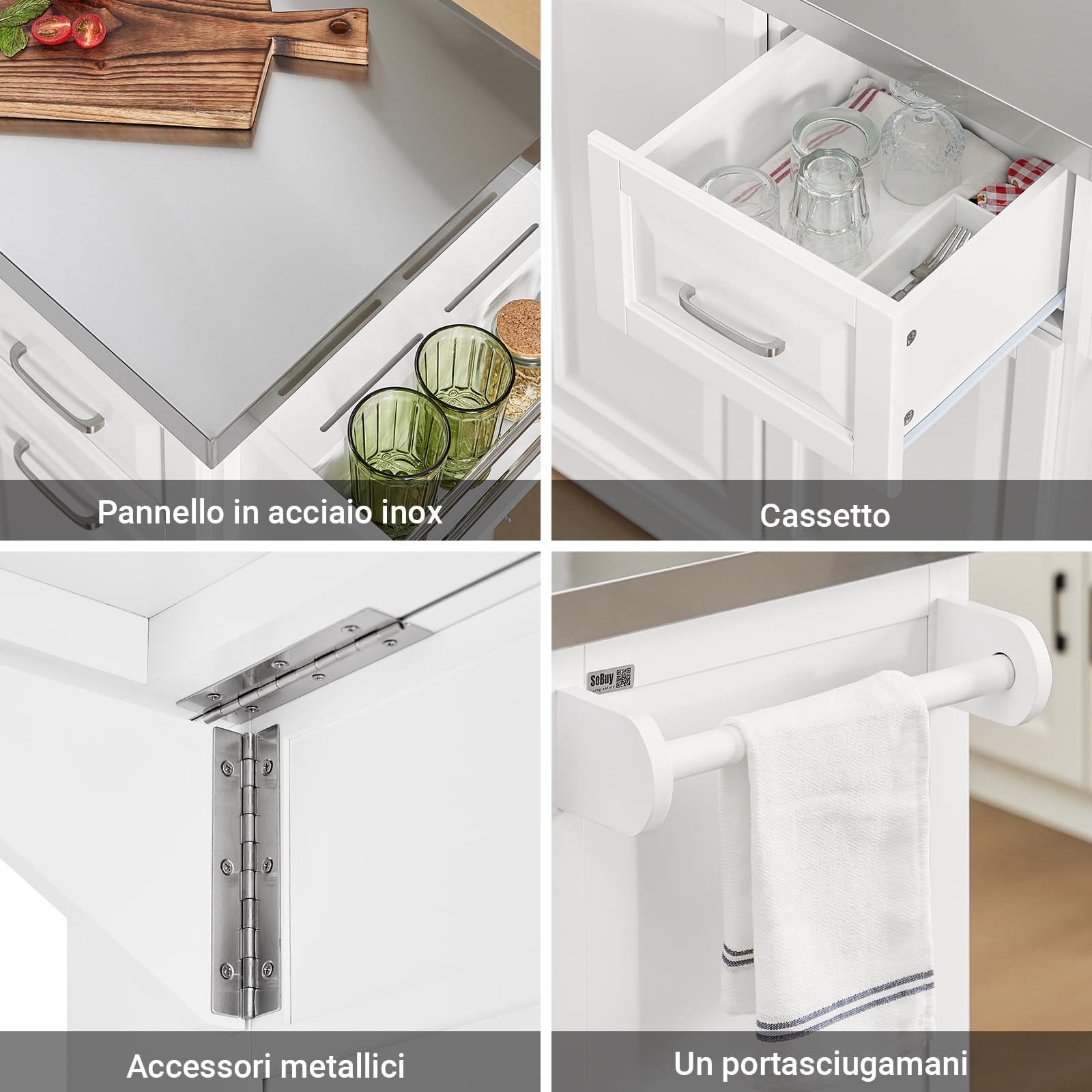 SoBuy Isola Cucina su Ruote con Piano di Lavoro Estendibile, Mobiletto Salvaspazio, Carrello da Cucina con Ruote, con Due Cassetti e Ripiano Regolabile 130 x 46/71 x 91cm Bianco FKW128-ST
