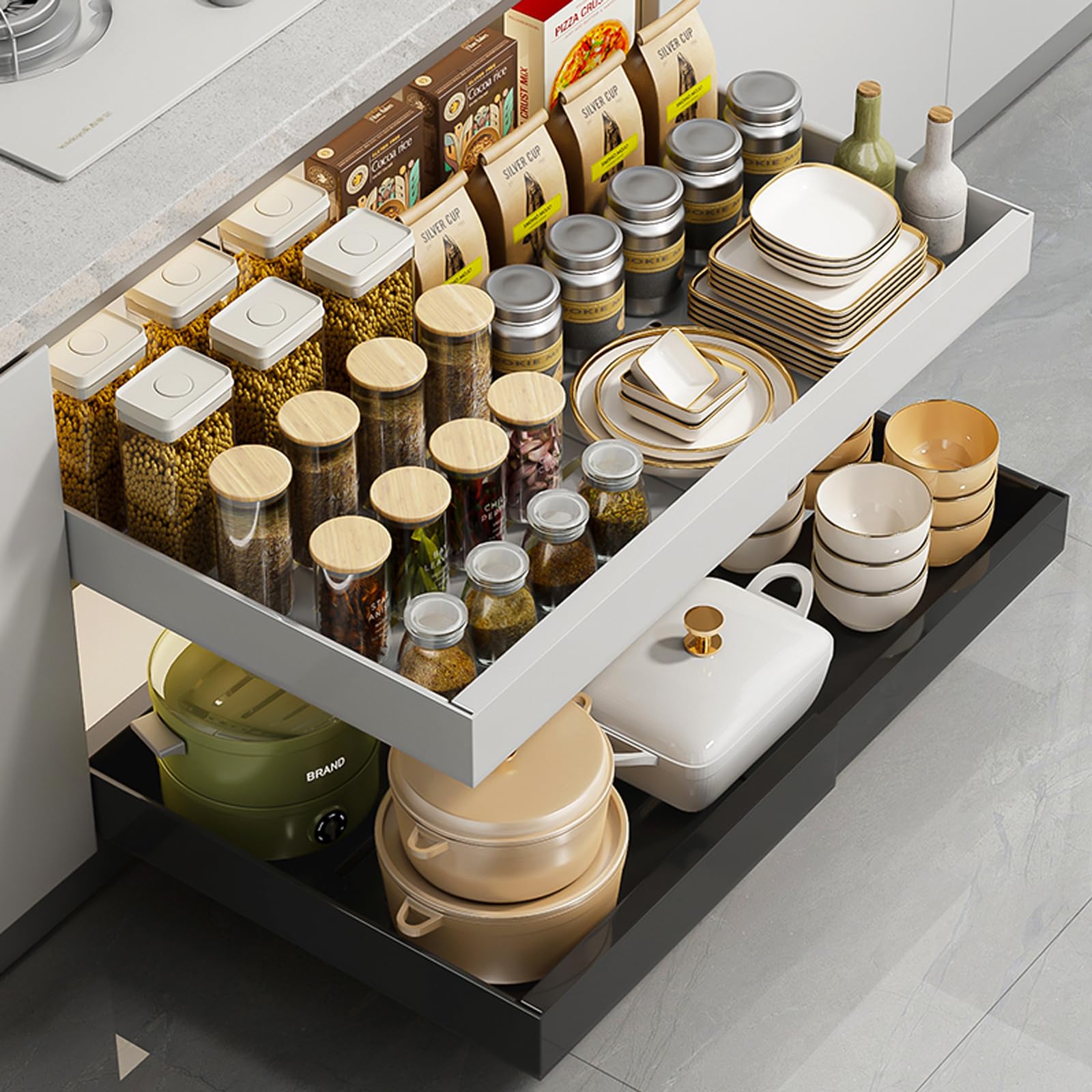 Teleskopschublade Küche Ausziehbare Schublade für Schrank Ohne Bohren Einstellbare Breite 32-52cm Metall Pull Out Cabinet Organizer mit Klebeband Slide Out Drawer (Weiß, 1pack)