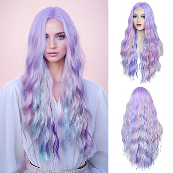 WECAN Rainbow Wig for Women Long Wavy Synthetic Wig 28 Inch | Heat-resistant fiber Soft water wave Natural-looking finish Everyday wear Cosplay, parties, Halloween