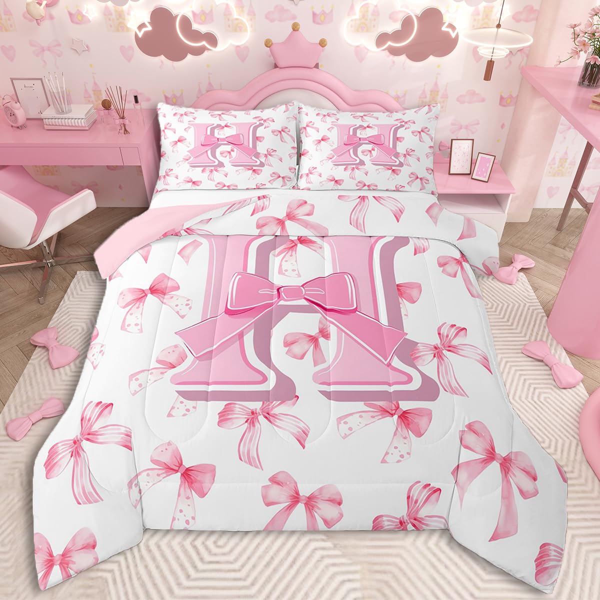 jejeloiu Kids Girls Cute Pink Bow Comforter Set Twin Size Monogrammed Bedding Set Ultra Soft Personalized Initial H Duvet Quilt Coquette Bow Knot