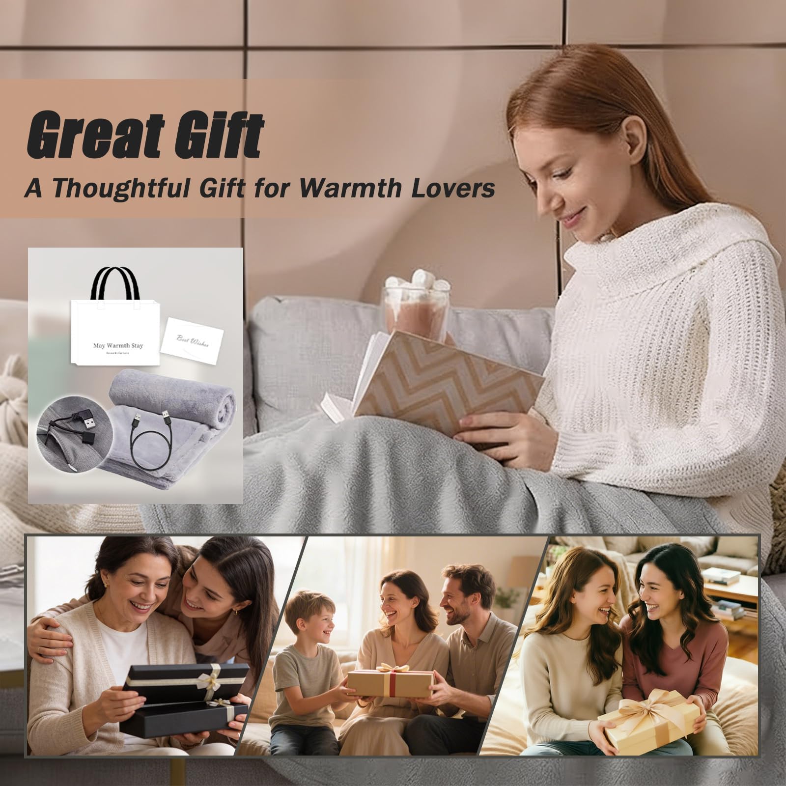 Coperta Elettrica, 160x90 cm, 3 Temperature, Wireless, Soffice | Tessuto morbido, 3 temp 45-65°C, USB ric., ant-surrisc., lavabile, per casa