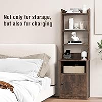 Vista 5 de LOKO Mesita de noche con estación de carga, mesa auxiliar de 56 pulgadas de alto con estantes abiertos ajustables, armario de almacenamiento, mesa