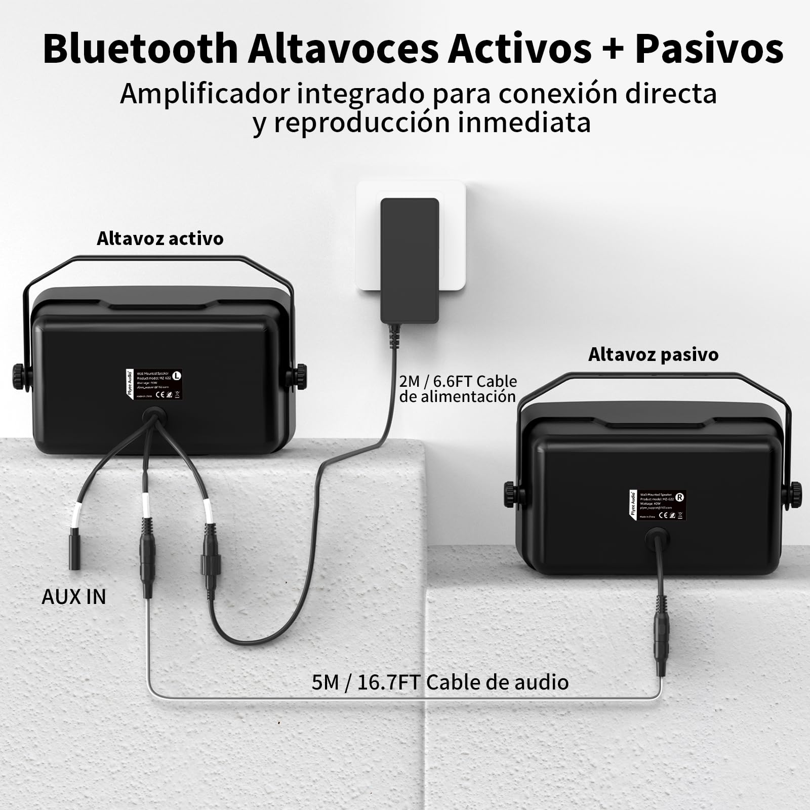Altavoz Bluetooth para Exteriores, Altavoz de Pared Activo + Pasivo, Compatible con Bluetooth y Auxiliar, Amplificador Integrado, Adecuado para Patio, Porche, Garaje, Piscina, Pack de 2