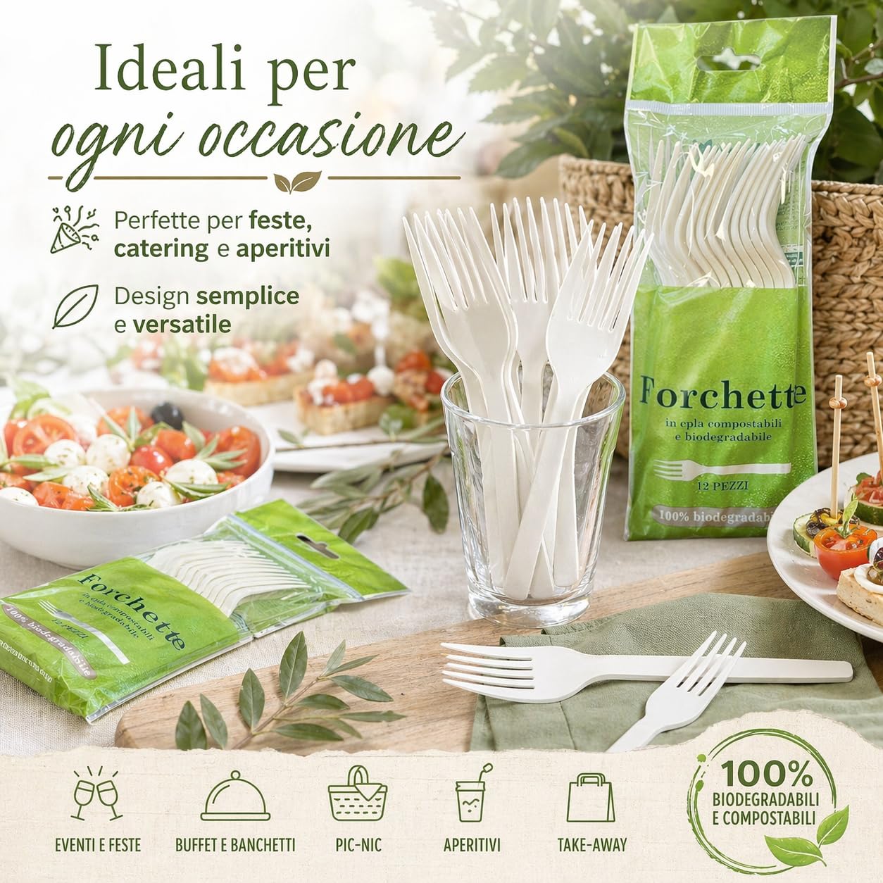 120 Biodegradowalne i kompostowalne widelce białe sztućce z włókna cukru 10 opakowań 12 sztuk organicznych zastawa stołowa Eco Friendly (120 widelców)