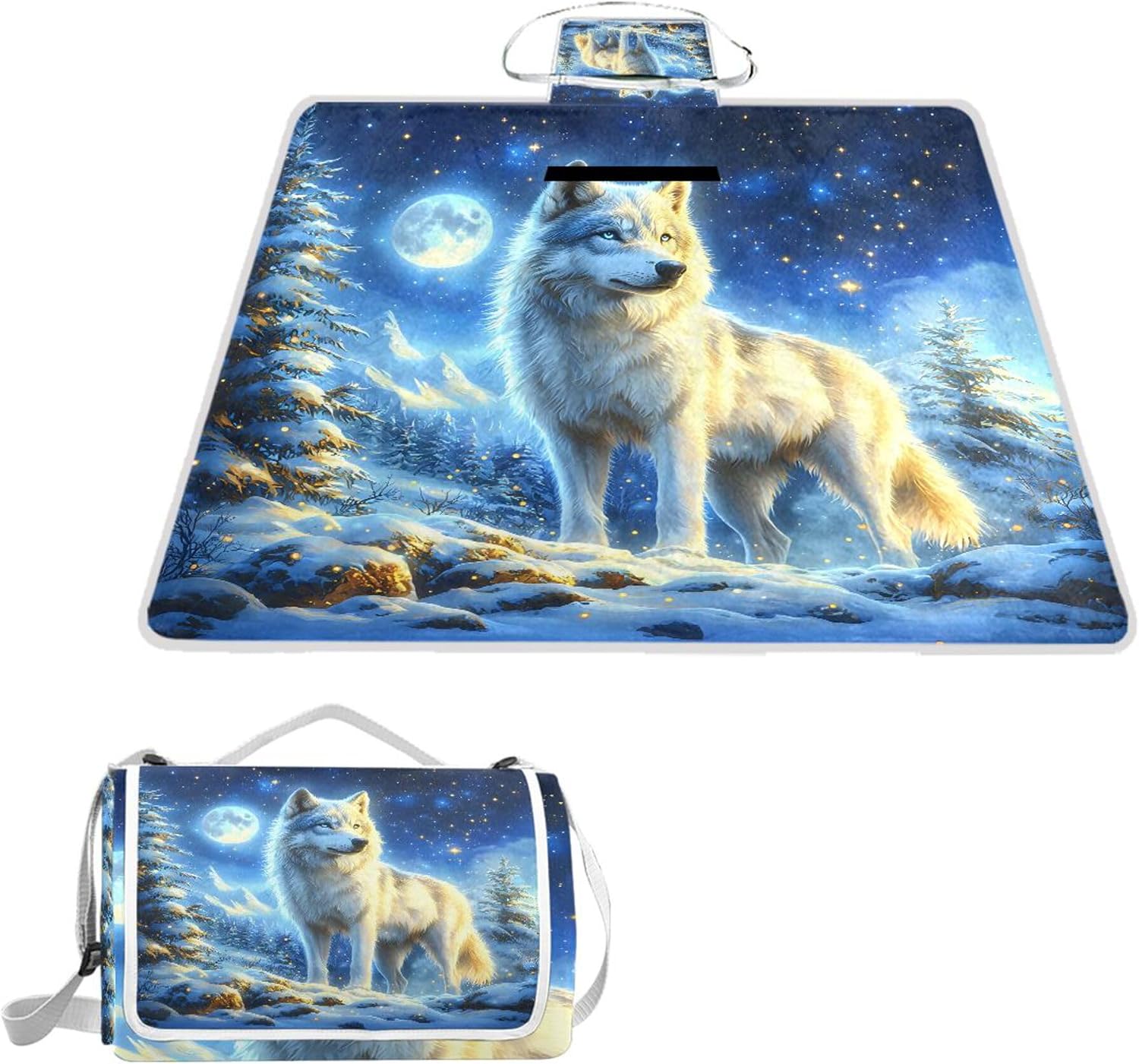 MNSRUU Picnic Blanket Waterproof Foldable, Wolf Snow Large Outdoor Picnic Blanket Beach Blankets Camping Blanket Travel Mat, Shoulder Strap Tote, Rectangle 57x59in