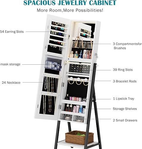 Miniatura 6 de SDHYL Armario de joyería con espejo, espejo de longitud completa con almacenamiento, armario de joyería de pie con cerradura con espejo integrado y