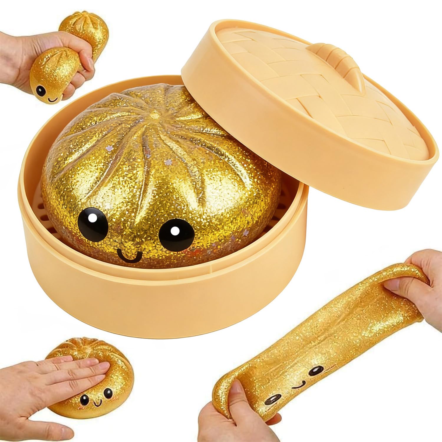 HATFRYF Dumpling Squishies Toy, Giant Glitter Dumpling, with Steamer Box Soft Squeeze Decompression Dough Toys, Soft Squishy Stress Relief & Rebounding Sensory Fidget Toy for Adults(Golden)