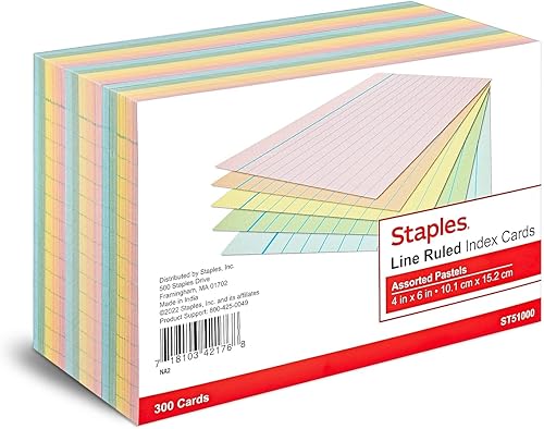 Staples Tarjetas de índice de 4 pulgadas x 6 pulgadas, forradas, colores surtidos, 900cartón (St51000-Ccvs)