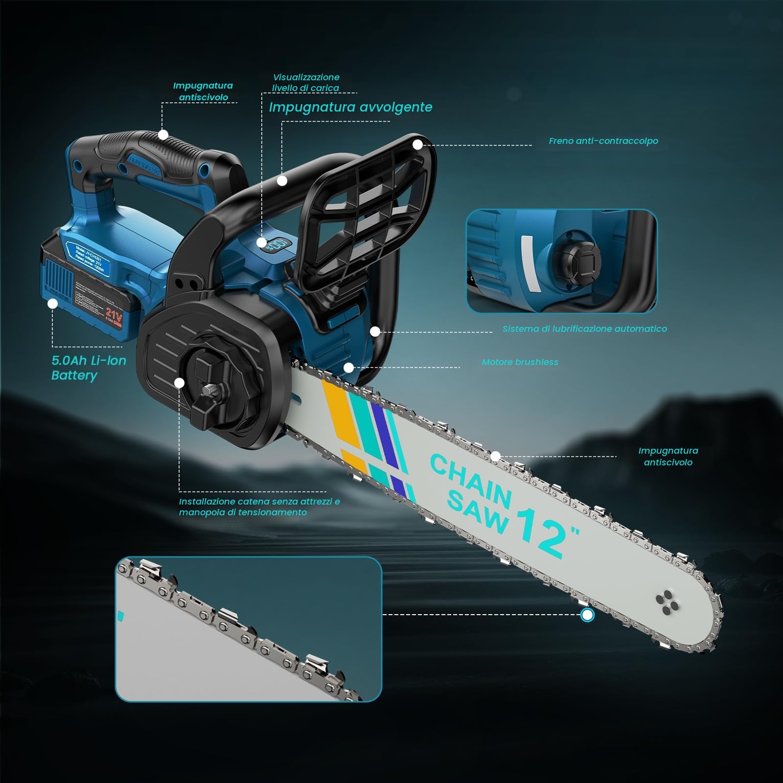 Motosega brushless da 12 pollici compatibile con batterie Makita 18V, sega da giardino elettrica，lubrificazione automatica, per forbici da giardino e taglio legno（2x 5,0 Ah batteries et chargeur)