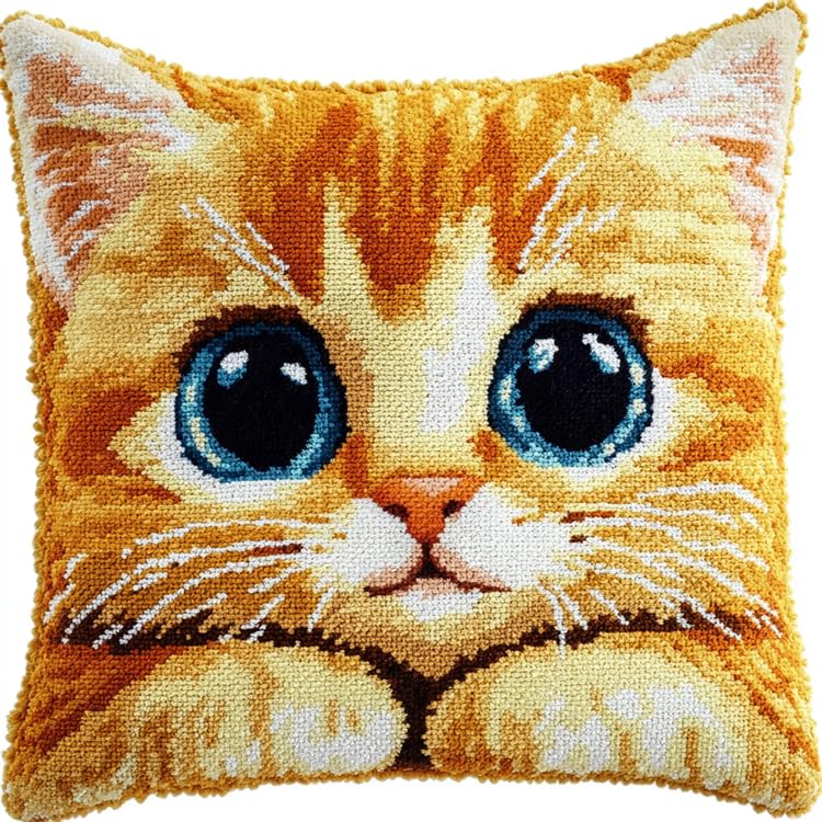 AxiangziK Cute Animals Latch Hook Kits,A Big Eyed cat,Pillow Materials Package Cover Latch Hook Kits Cushion Embroidery Set Craft Home Decoration,17x17in