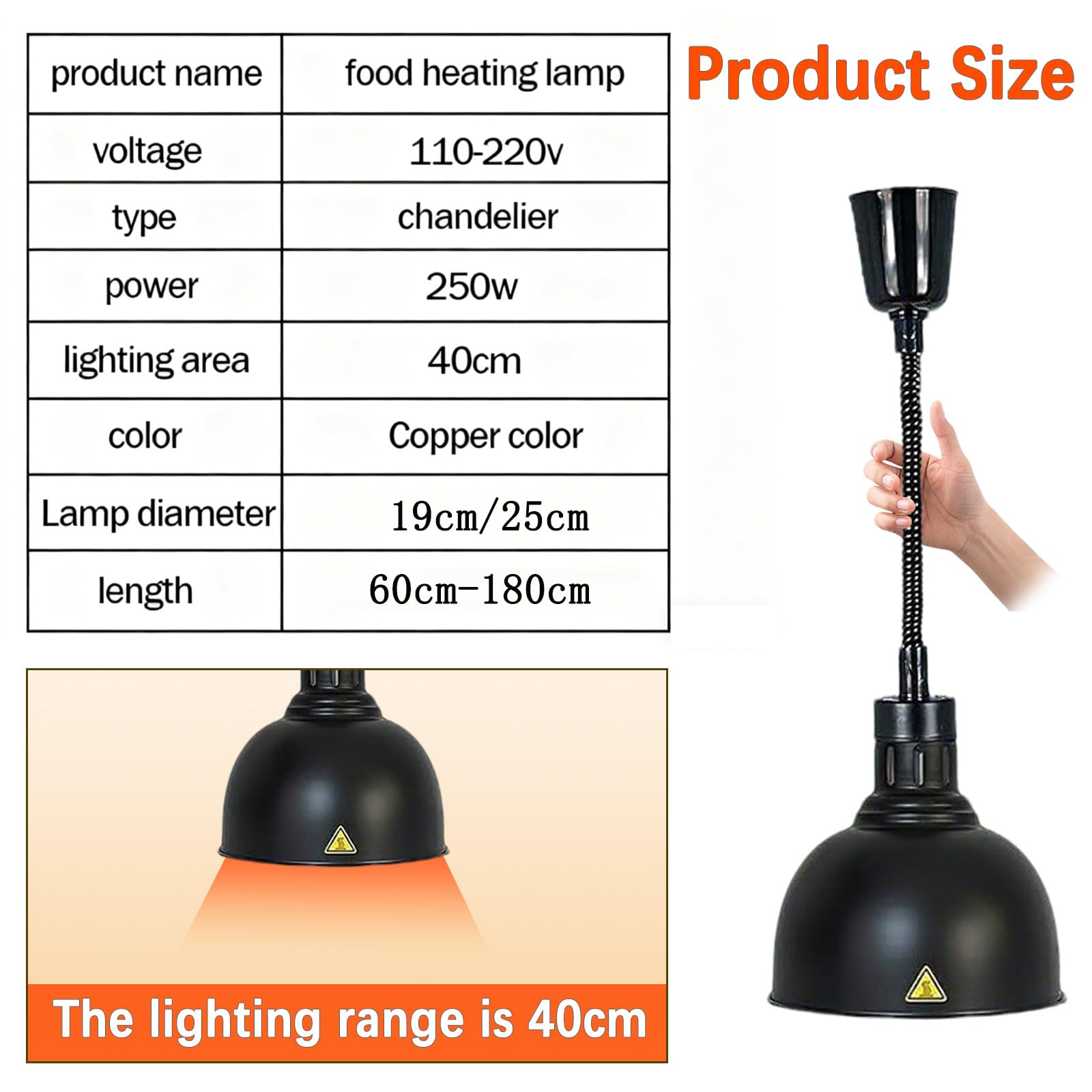 Lampada Riscaldante per Alimenti Regolabile 60-180cm (Nero-25cm, 5) | Sospeso Lampade Scaldavivande per Cucina e Buffet, Lampade Riscaldanti Cucina, Mantiene il Cibo Caldo in Modo Stabile