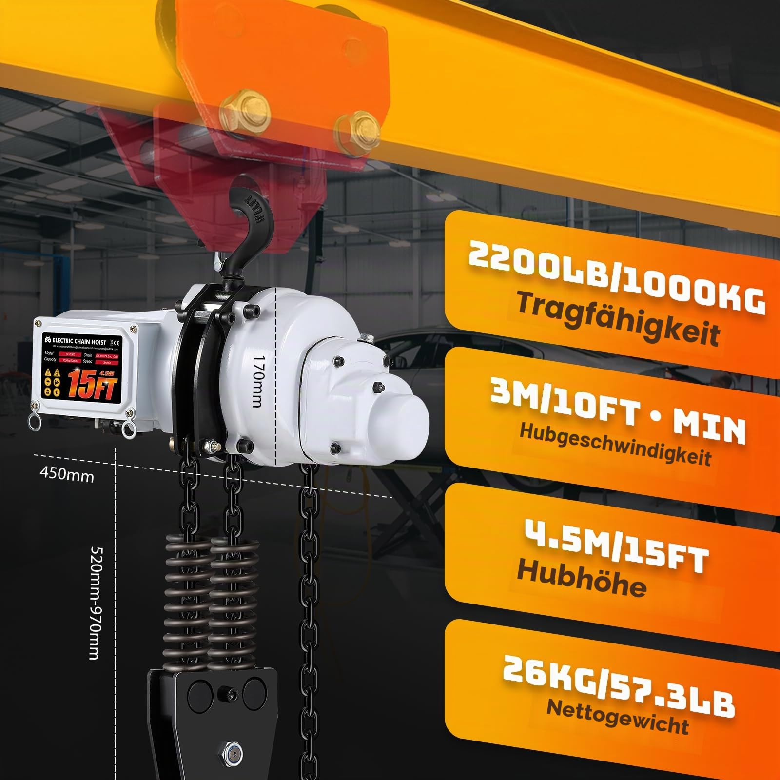Mxmoonant 1T Elektro kettenzug 4.5m Hubhöhe, mit Funk- & Kabelsteuerung | mit E-Stop, 1300W Elektrischer Kettenzug G80 Stahlkette (Weiß)