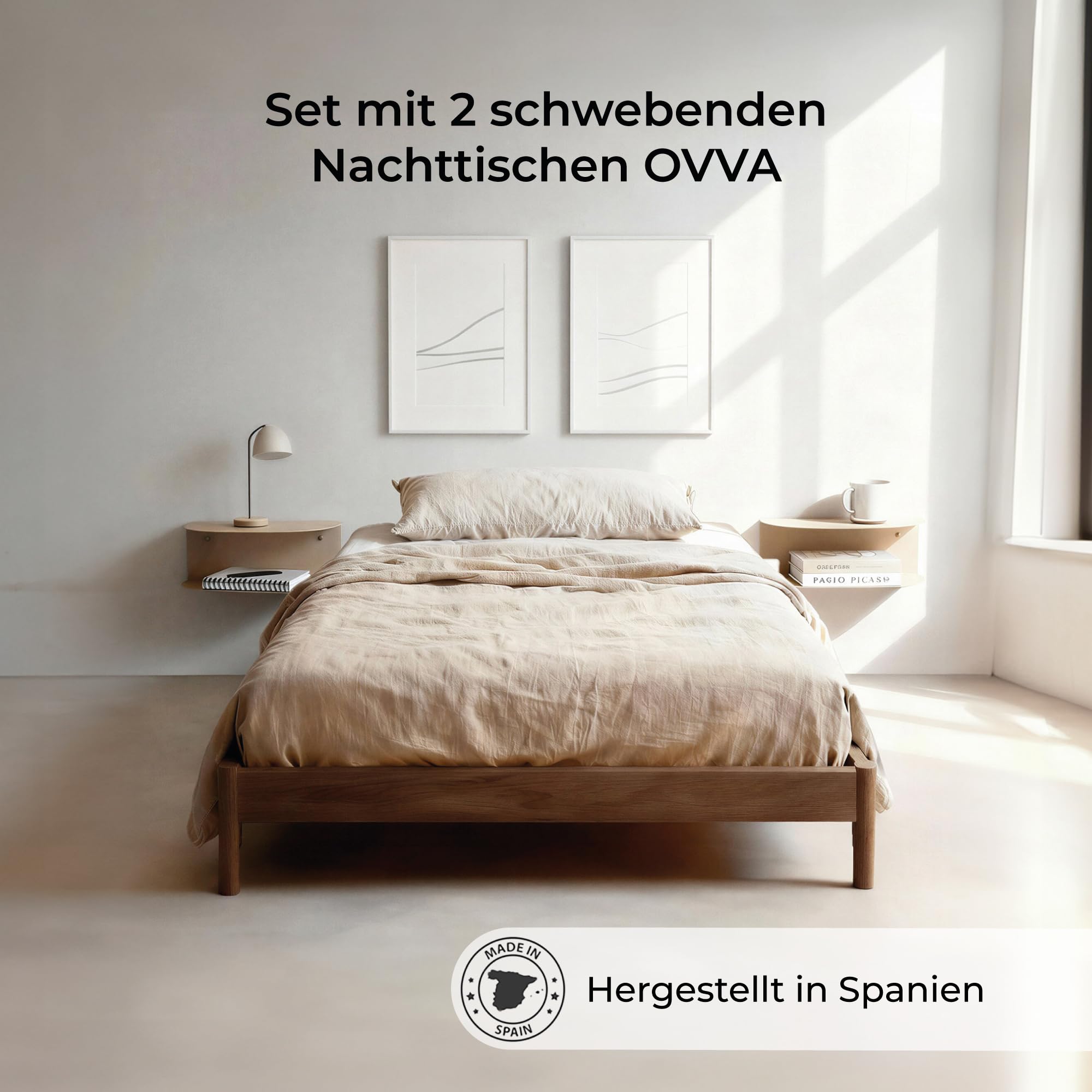 MILUKA Schwebender Nachttisch Hängend 2er Set (2 Stück) aus Metall Beige Sand | 40 x 20 cm, mit 2 Ebenen | Ohne Montage, Wandregal Modern & Konsolentisch