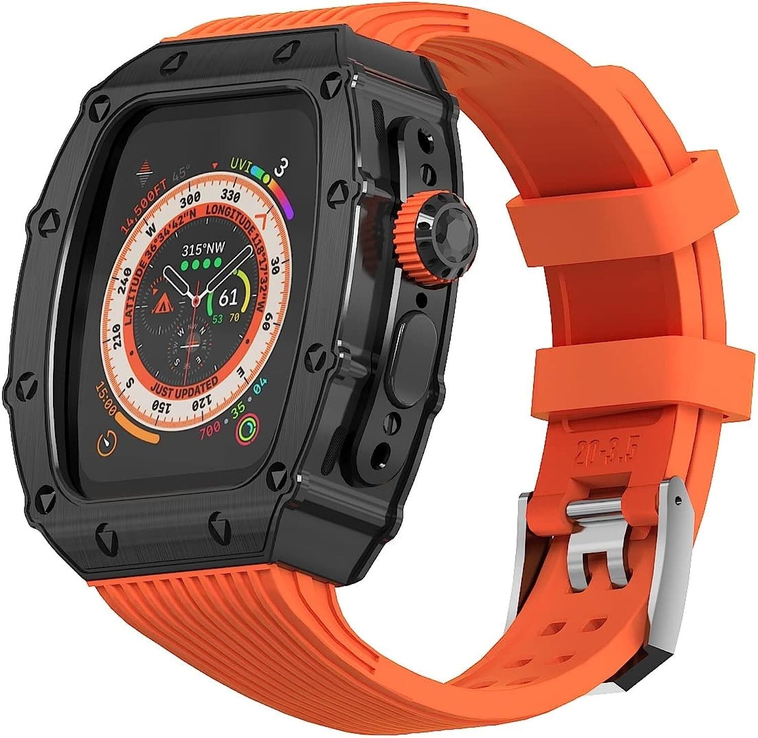 ILAZIRugged 316L Stainless Steel Watch Case Stripes Silicone Strap，For Apple Watch 8 49mm，RM Style Men Women Metal Bezels Twisted Loop Silicone Watch Band And Watch Case Mod Kit