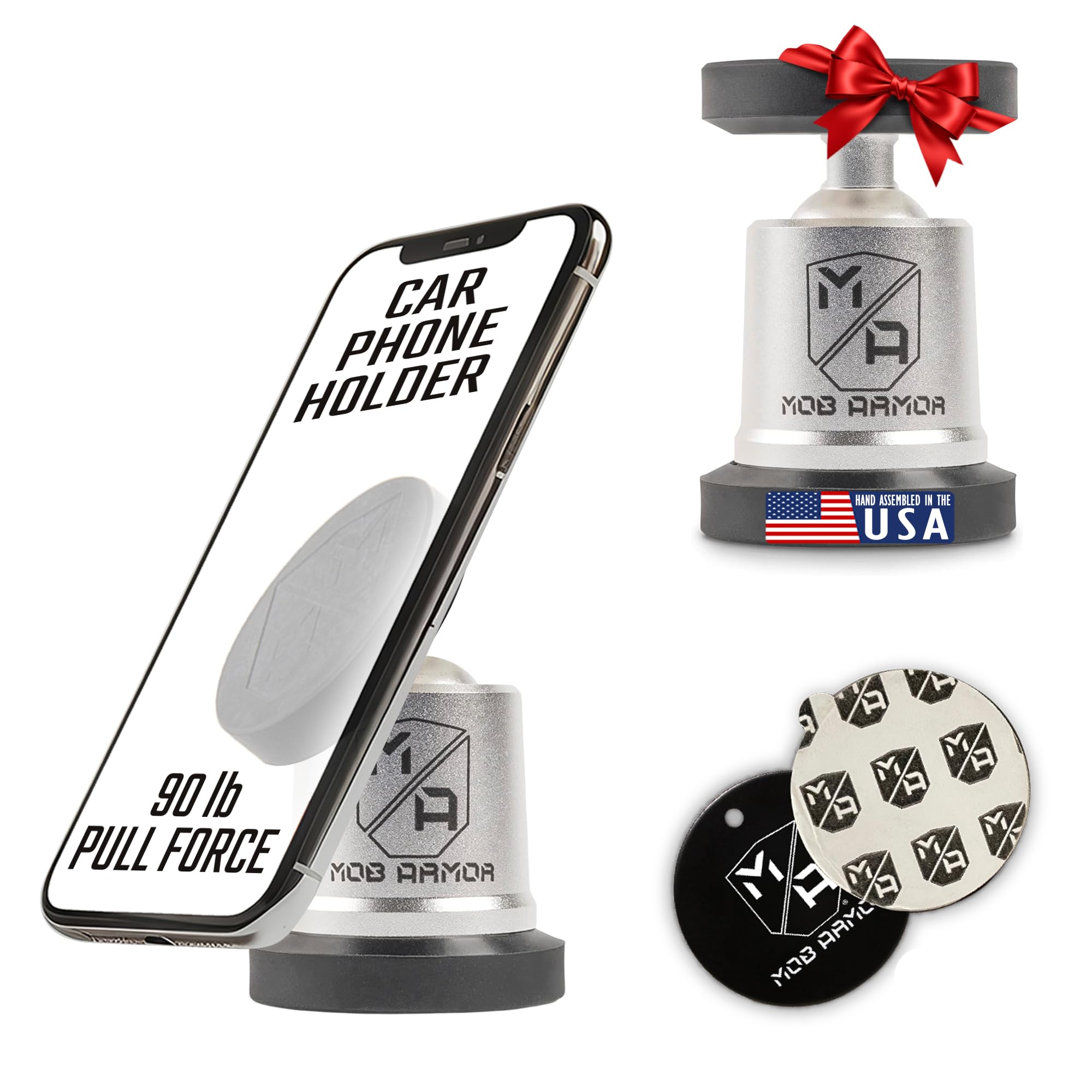 Mob Armor MobNetic Maxx - USA Assembled Magnetic Phone Holder for Car, Magnetic Car Phone Mount, 90-Degree Tilt, 360-Degree Rotation, Aluminum Metal, Compatible with iPhone & Android - Silver
