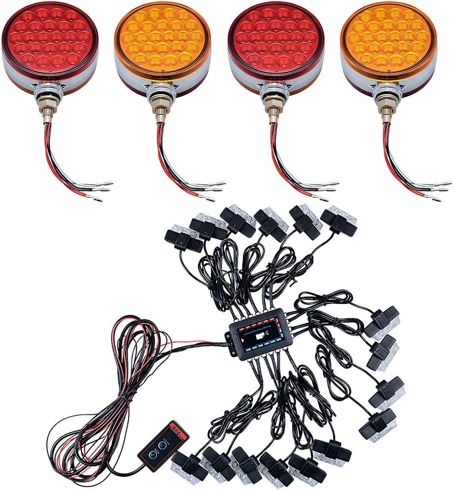 AstraDepot Pack of 4 48 LED Double Face Light 4" Round Red Amber Lens Chrome Housing Sealed & 2-LED Warning Beacon Strobe Lights Bar Flashing Control Box Pattern Switch Mode Kit 8X White + 8X Amber