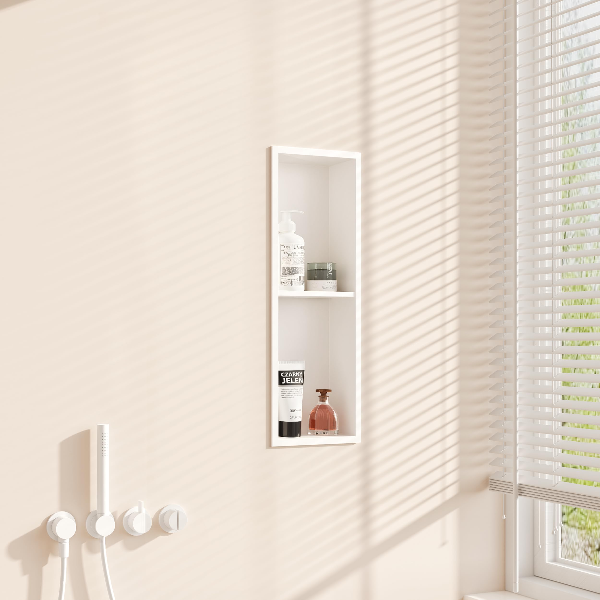 Qeke Recessed Shower Niche of Stainless Steel, Waterproof Embed Wall Niche, Built-in Shower Caddy NO Tile Required, Double Layers, 20X60CM, White