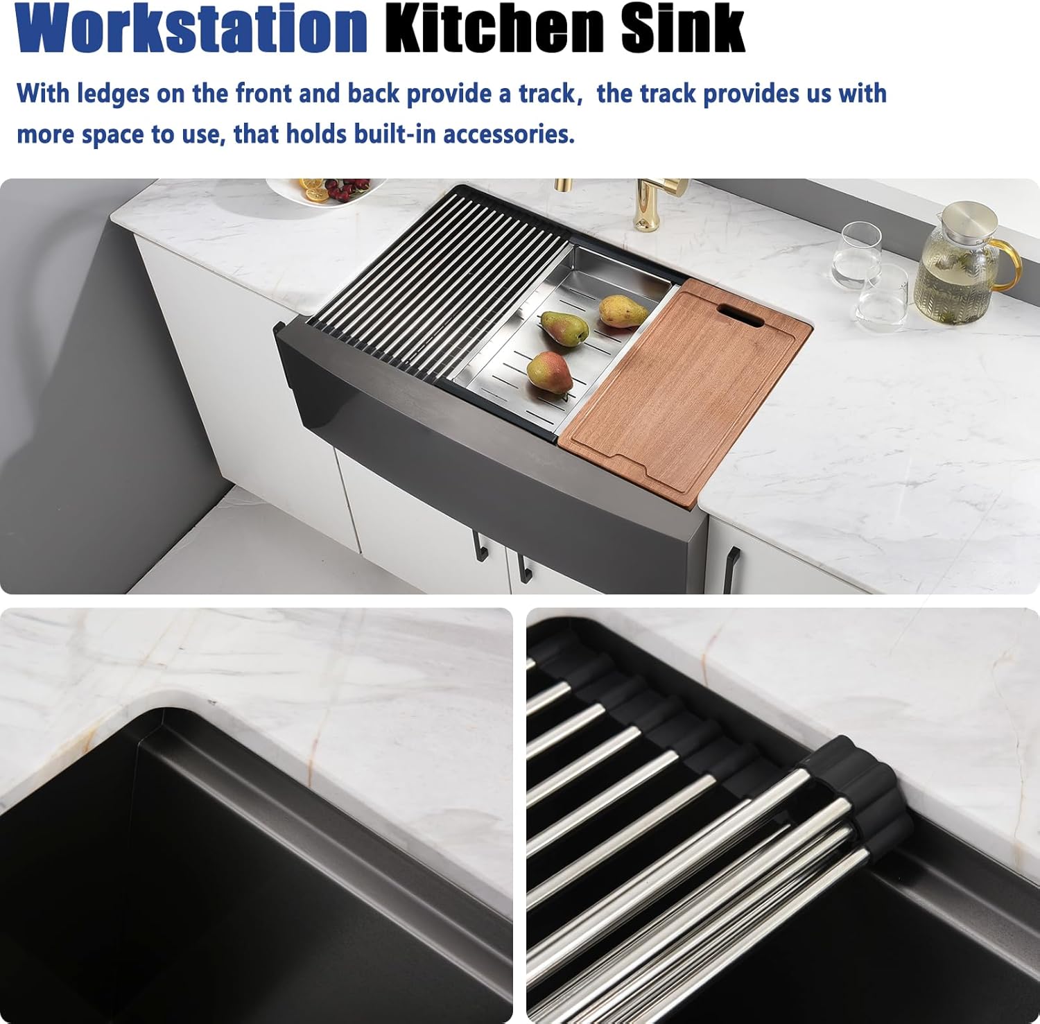 33x22 Double Bowl Farm Sink for Kitchens Workstation - 33 Inch Black Stainless Steel Farmhouse Kitchen Sink Double Bowl, Apron Undermount Double Kitchen Sink with Accessories