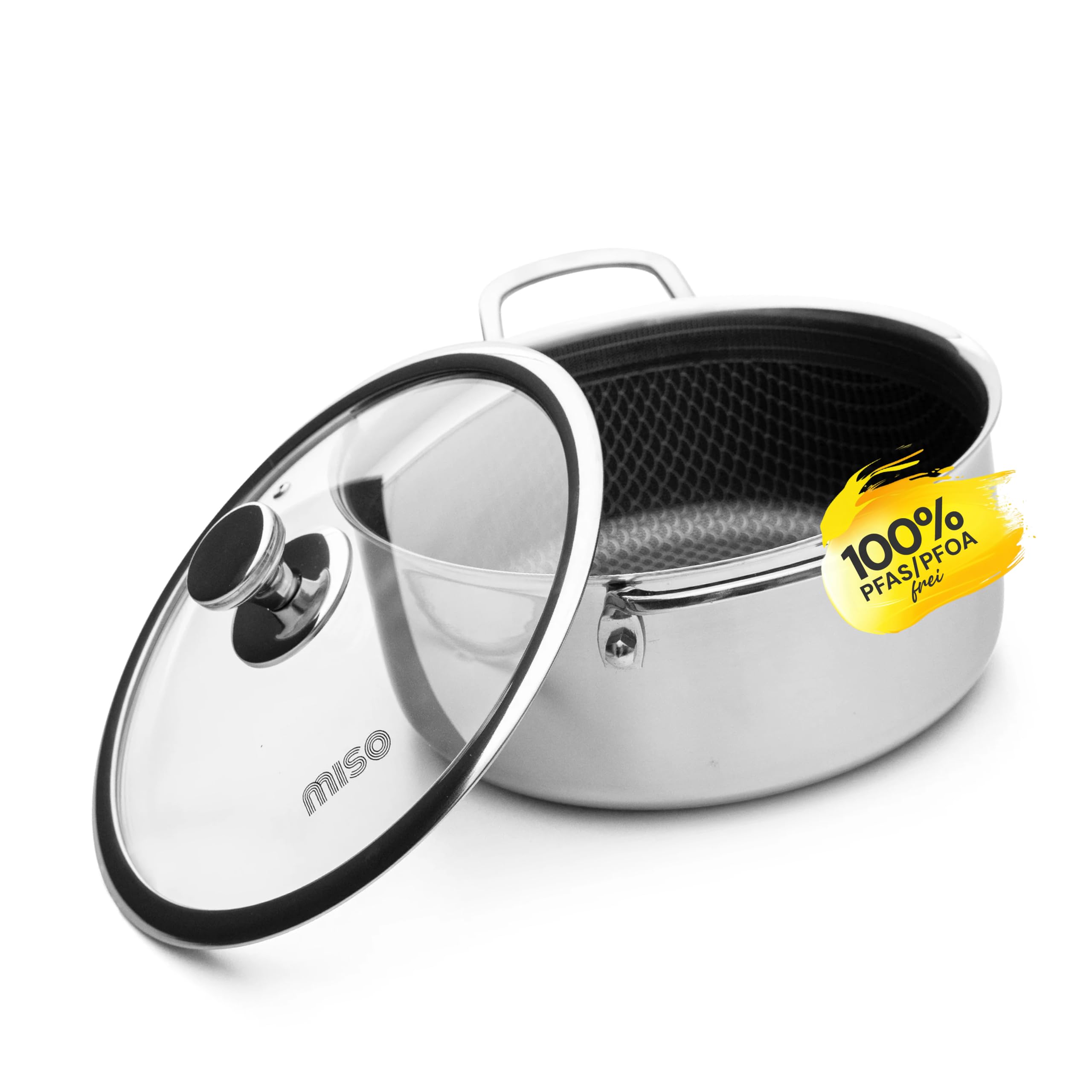 MISO Topf 24 cm (5L) Diamond Dust Keramik Non-Stick, Pot für Induktion. Frei von PFOA/PFAS, backofenfest bis 300°C, spülmaschinenfest, Tri-Ply mit Diamantbeschichtung