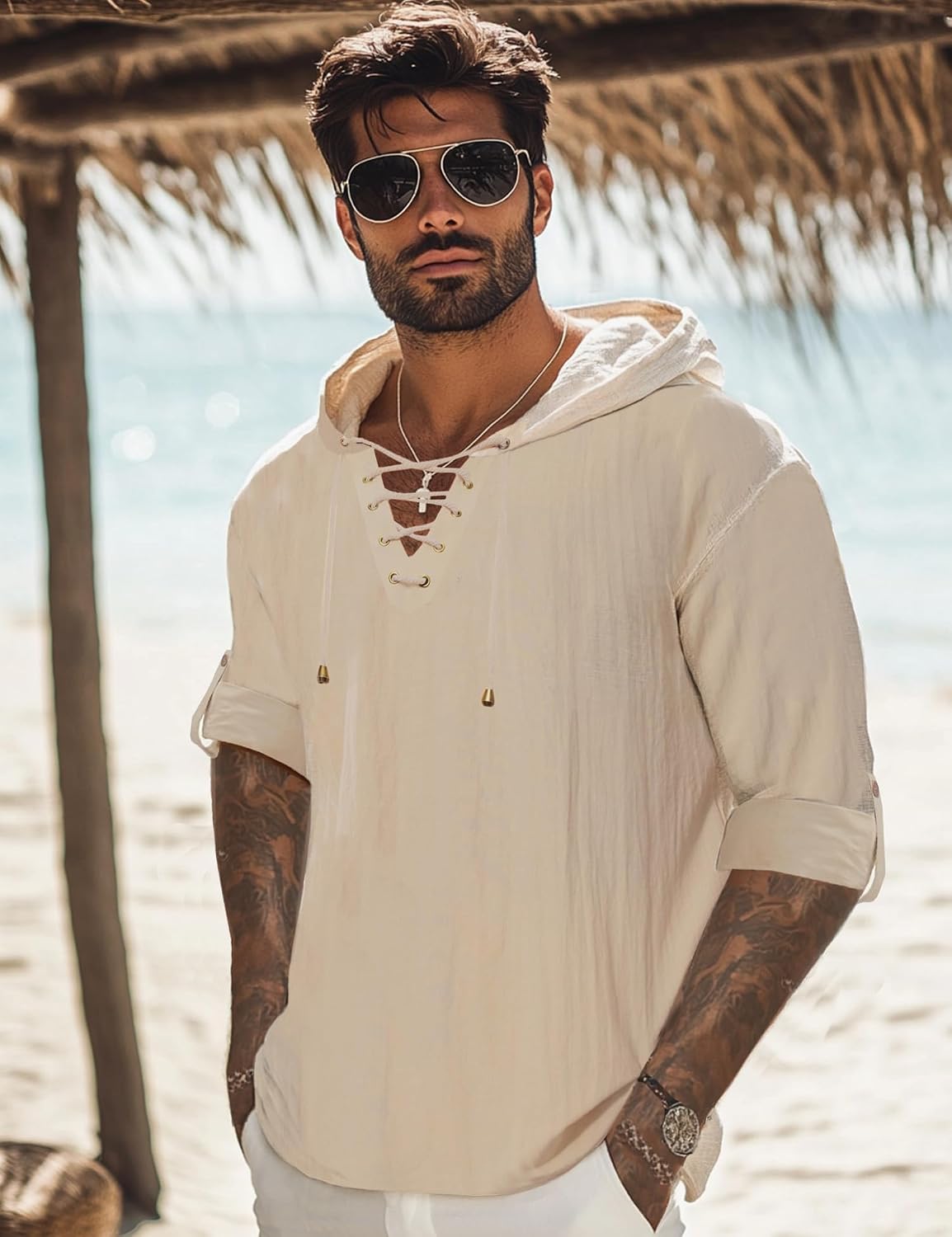 Mens Linen Shirts Long Roll-Up Sleeve Lace Up Summer Beach Top Hippie Renaissance Pirate Costume Tunic with Hood