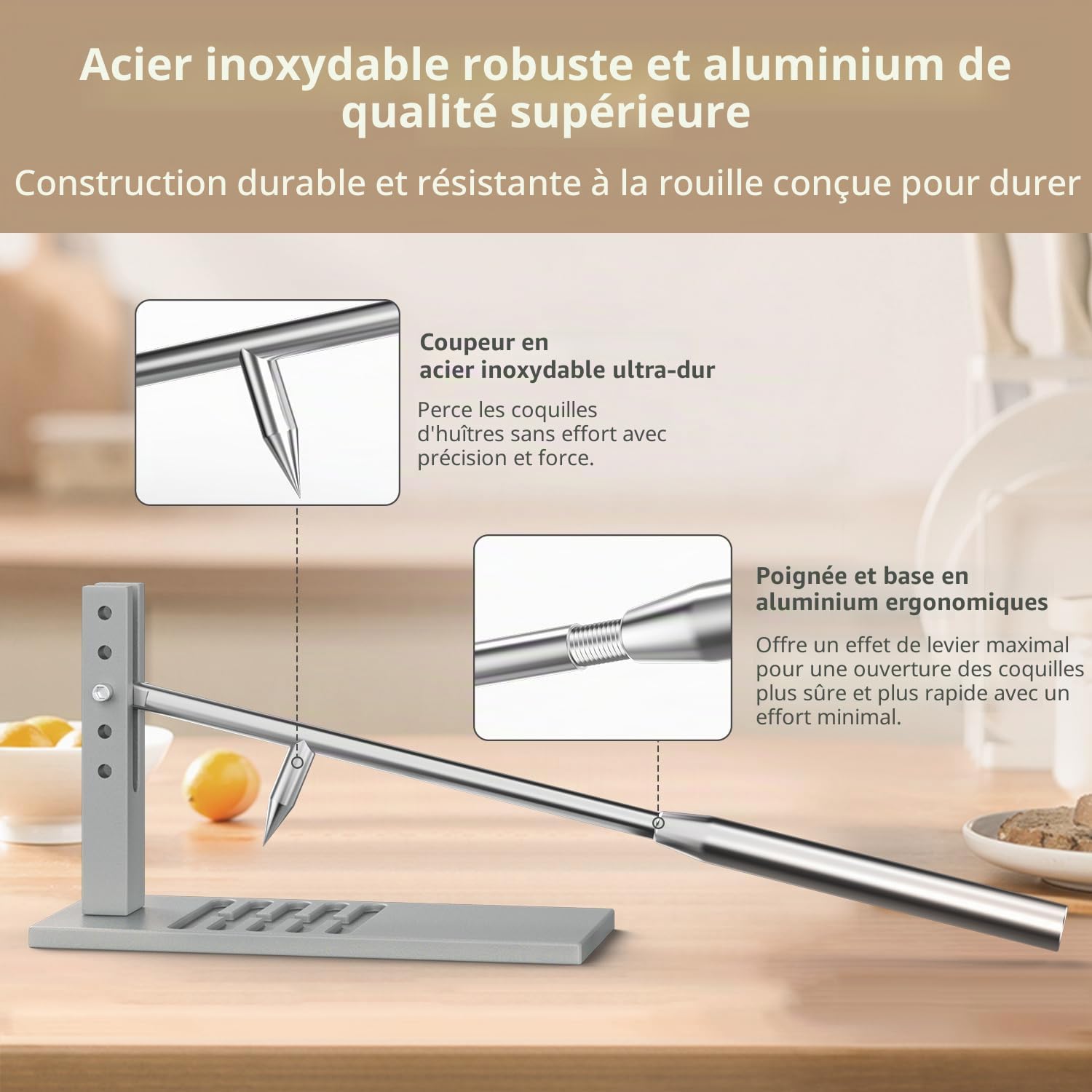 Outil à Huîtres en Acier Inoxydable, Couteau à Huîtres Portable, Facile à Utiliser, Machine à Ouvrir les Huîtres pour Usage Domestique, Incluant Deux Couteaux à Huîtres, Gant et Serre-Joint G.
