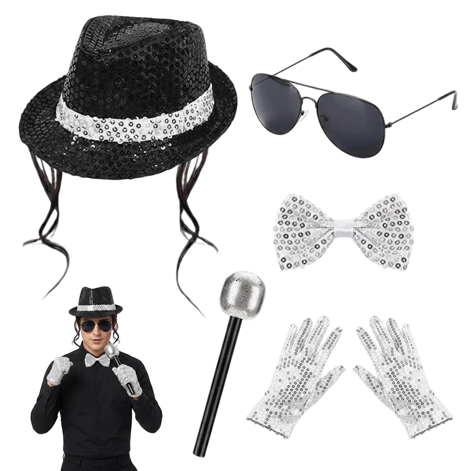 OBOVO 5 PCS MJ Costume Accessories Adults, Halloween Costumes with Hat, Bow Tie, Gloves, Glasses, Microphone, 80s Dancer Rocker Star Fancy Dress Set for Halloween Cosplay Theme Party