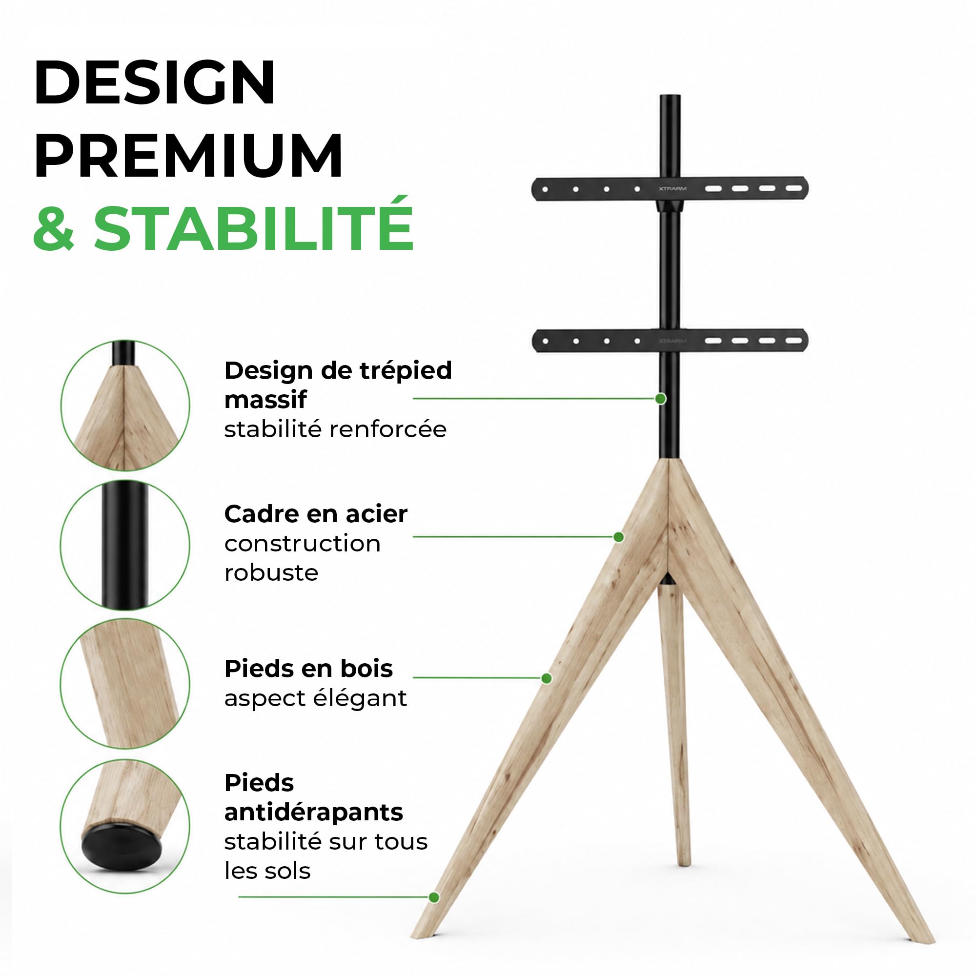 Meuble TV XTRARM Argo Tripod, Hauteur jusqu'à 140 cm, Rotatif à 360 degrés, pour téléviseur d'environ 32 à 65 Pouces, jusqu'à 40 kg, Maximum VESA 400x400mm, Meuble TV en Bois véritable