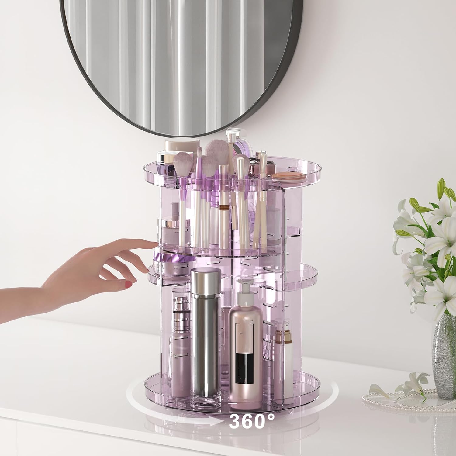 Rotating Makeup Organizer for Vanity, DIY Adjustable Tray Spinning Skincare Organizers Countertop, Cosmetic Display Case with Perfume Tray Brush Holder, Bathroom Desk Corner Storage Carousel Rack - Image 4