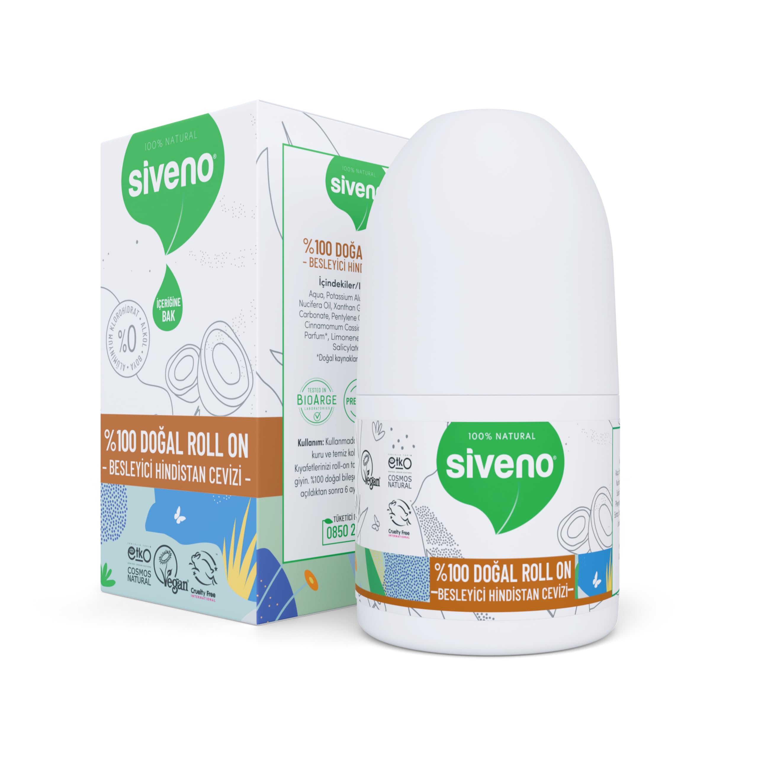 Siveno %100 Doğal Roll On Hindistan Cevizli Deodorant Ter Kokusu Önleyici Bitkisel Lekesiz Vegan 50 ml