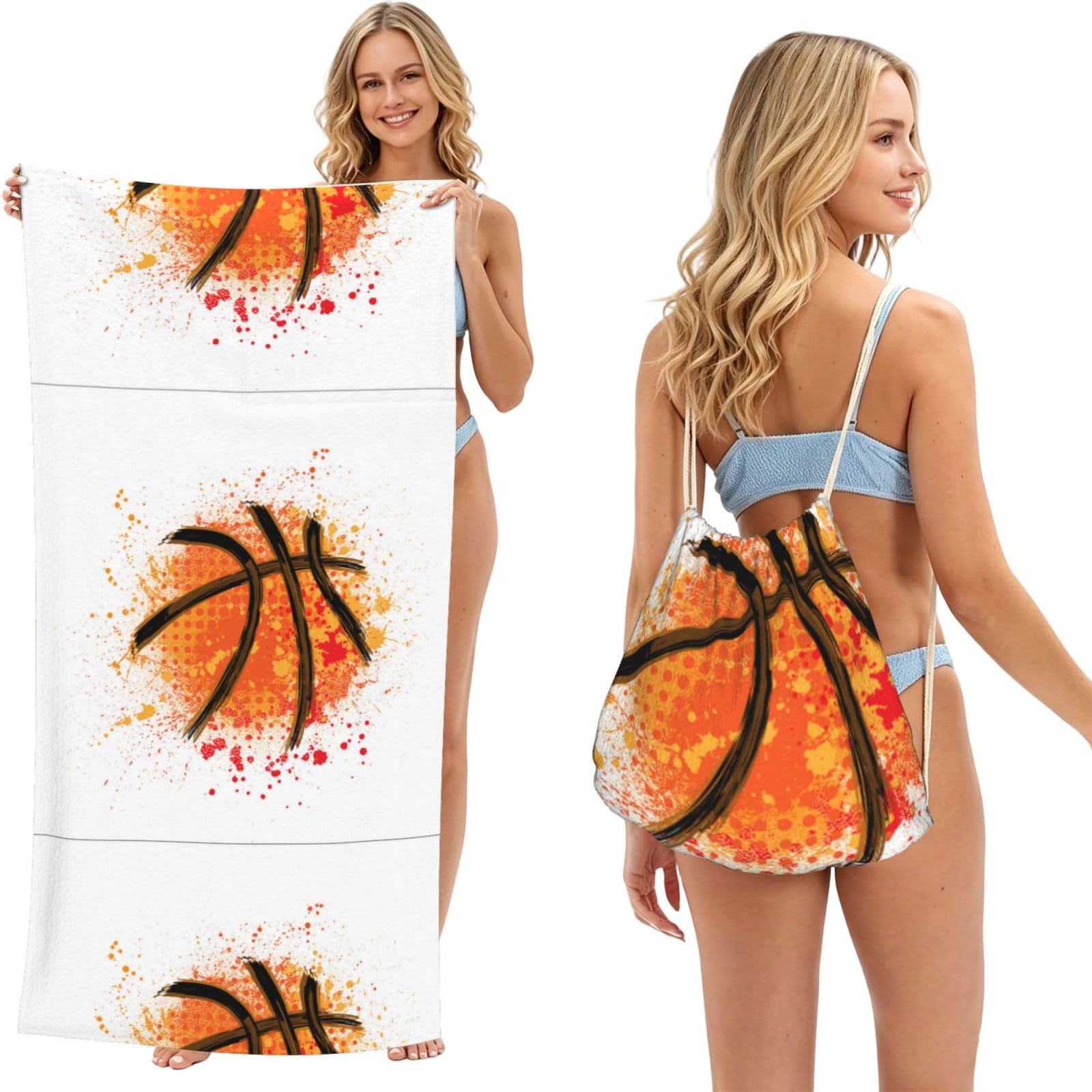 Poadnly As Picture Basketball Orange Abstract Painting Background, 2 In 1 Packable Towel Bag, Beach Towels With Drawstring Backpack For Travel Holiday Camping