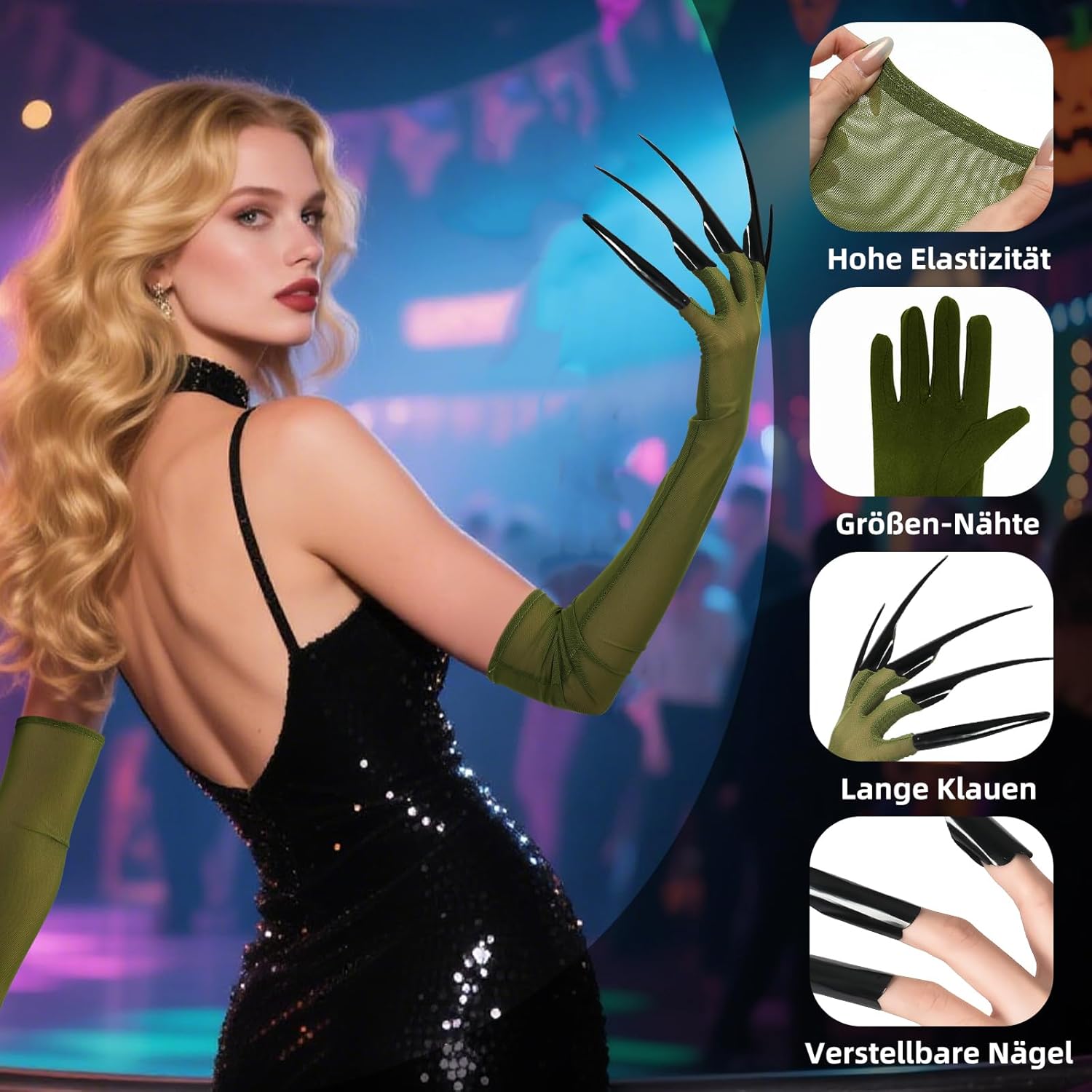 Scary Green Witch Gloves with 10 Adjustable Metal Claws for Adults – 25.8” Long Costume Gloves, 4.5” Black Iron Talons, Creepy Halloween Vampire Monster Cosplay Accessories - Image 7