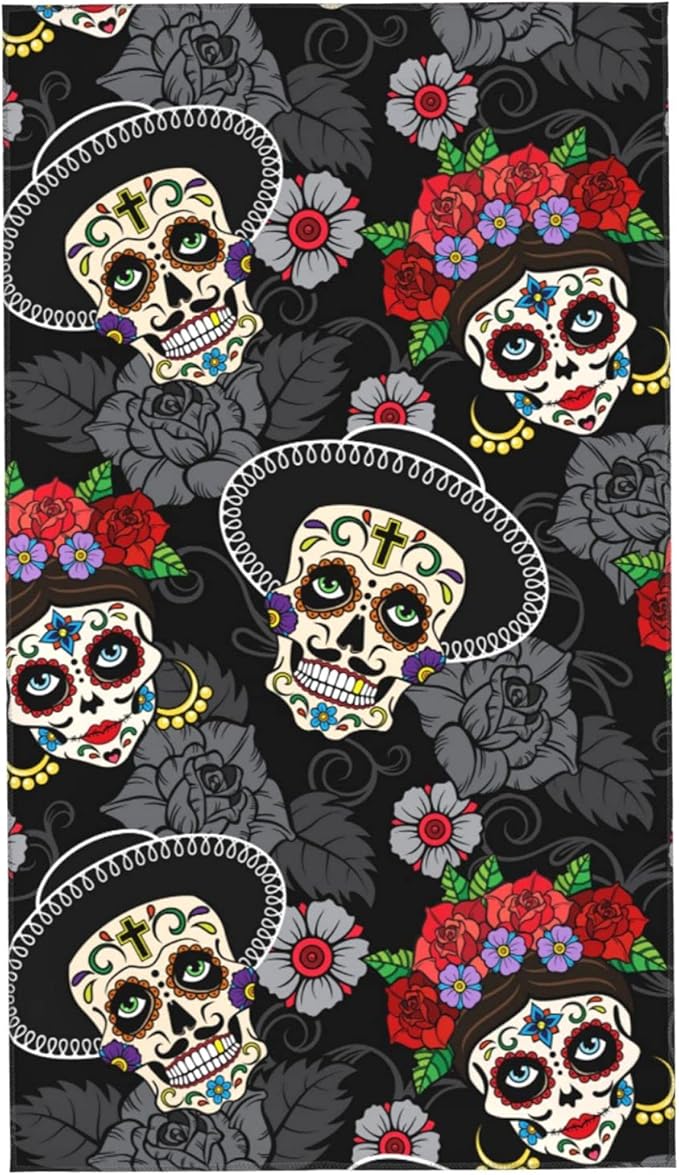 Perinsto Sugar Skulls Hand Towel Day of The Dead Decorative Fingertip Towels Multipurpose for Bathroom Kitchen Gym and Spa, 27.5