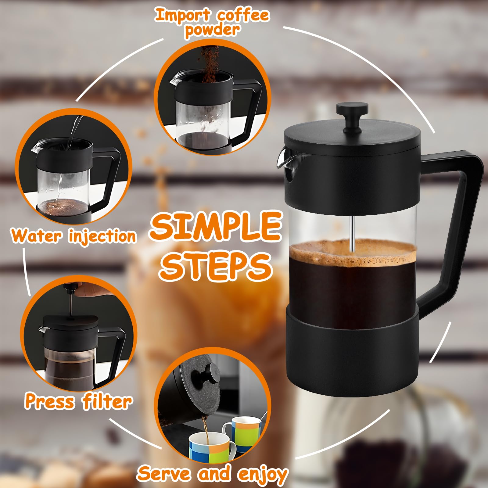 Cafetière à Piston, French Press 1000 ml (5 Tasses),Carafe Française pour Café Filtre,verre borosilicate résistant à la chaleur, Triple Filtres en acier inoxydable,Cafetière/théière (Noir)