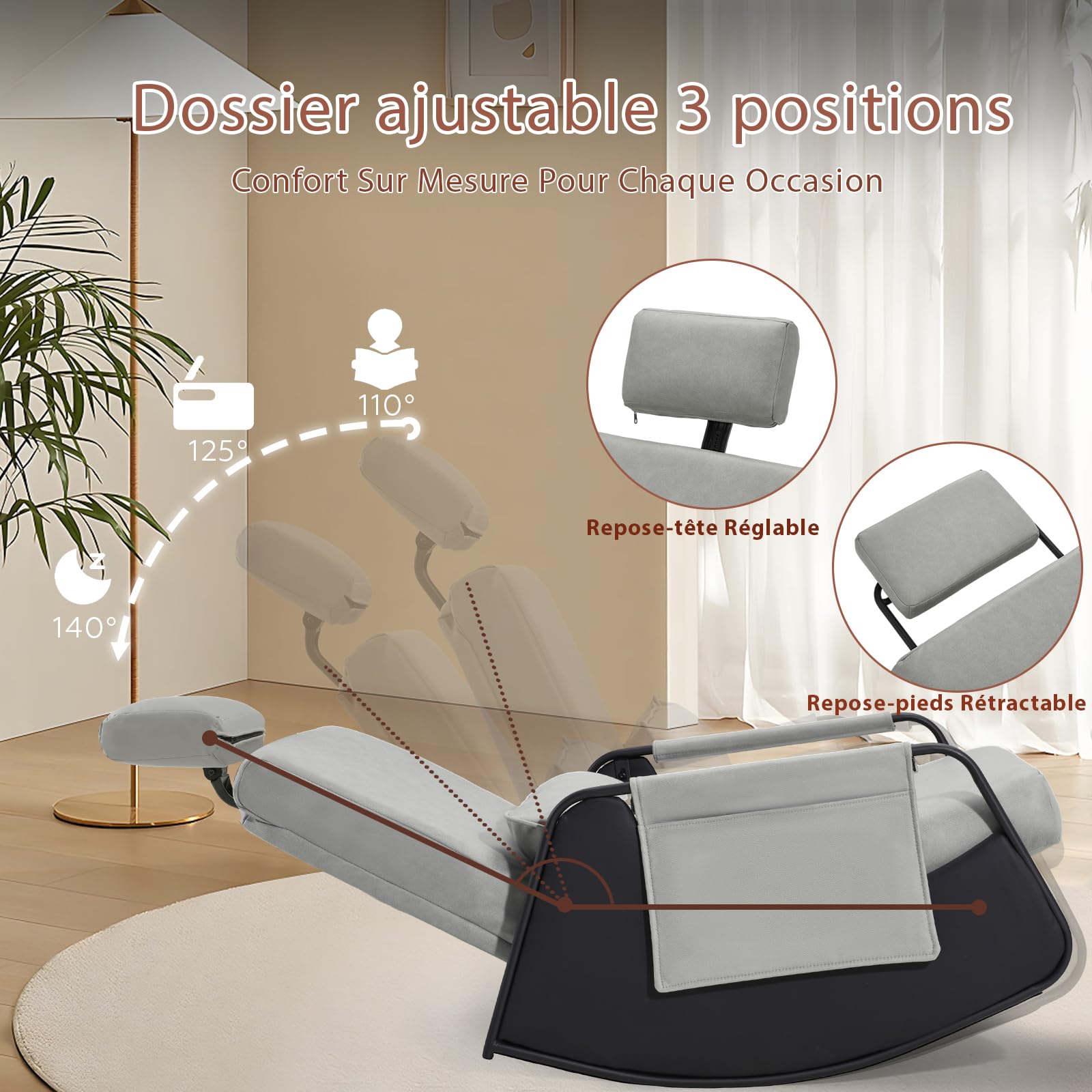 YODOLLA Fauteuil à Bascule, Rocking Chair avec Repose-Pieds Extensible, Dossier & Appui-Tête Réglables, Poche Latérale(Cuir, Gris)