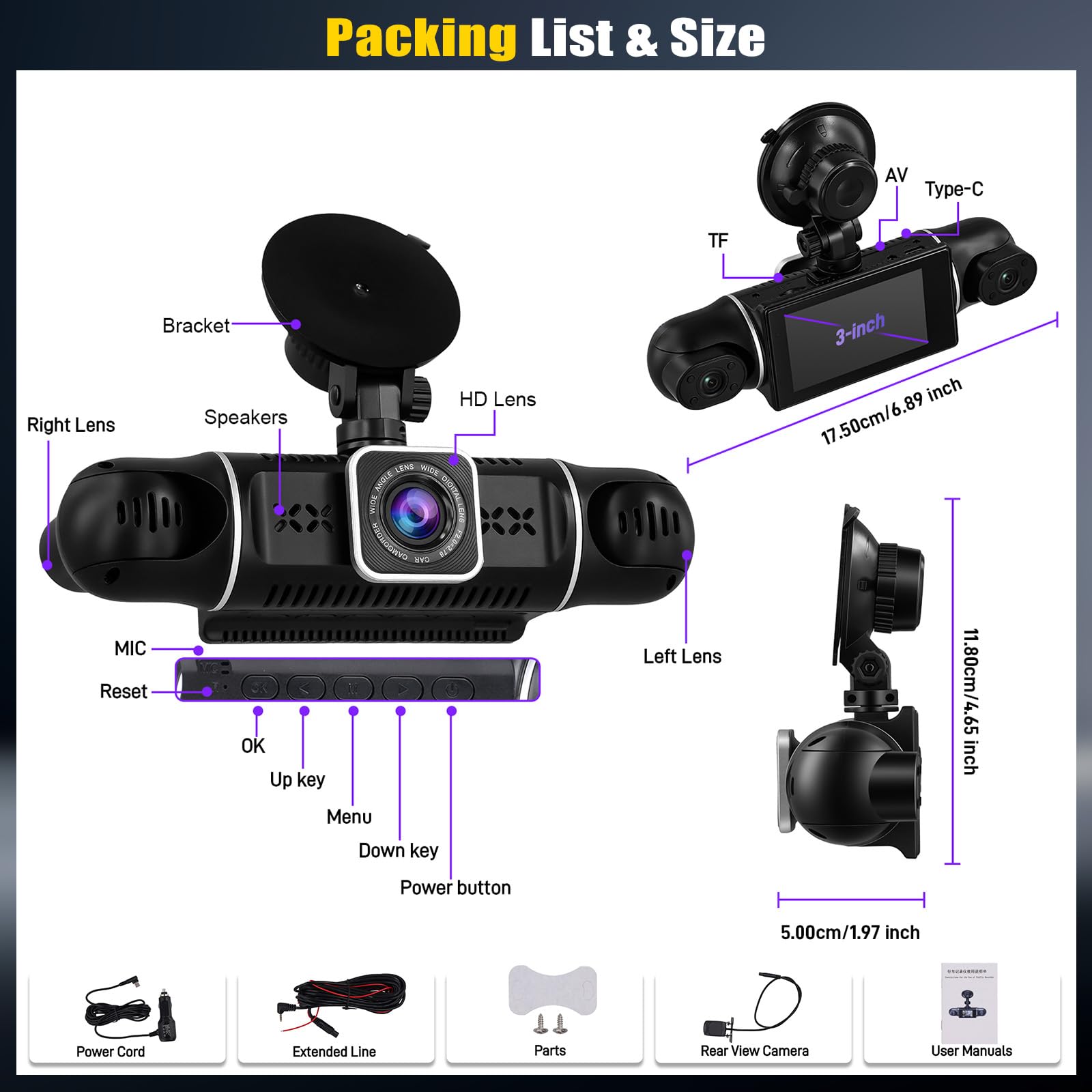 Dashcam Voiture 4 Canaux 360° avec WiFi, 2K+3*1080P Avant Arrière Droite, Autocaméra avec Vision Nocturne, Surveillance du Stationnement, G-Sensor, Enregistrement en Boucle, APP, Aide au recul
