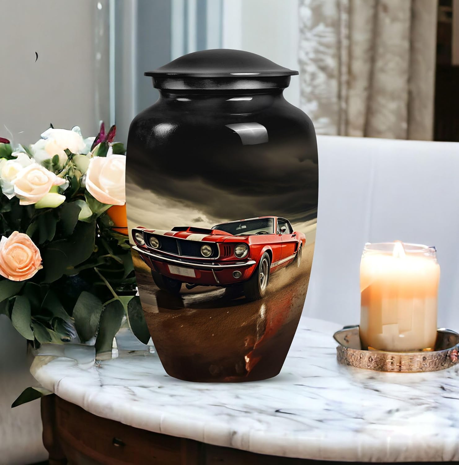 Red Car On A Stormy Road - Large Urns for Ashes - Urn for Dad - Funeral Cremation Urns for Ashes - Companion Urn (10inch), Natural - Image 5