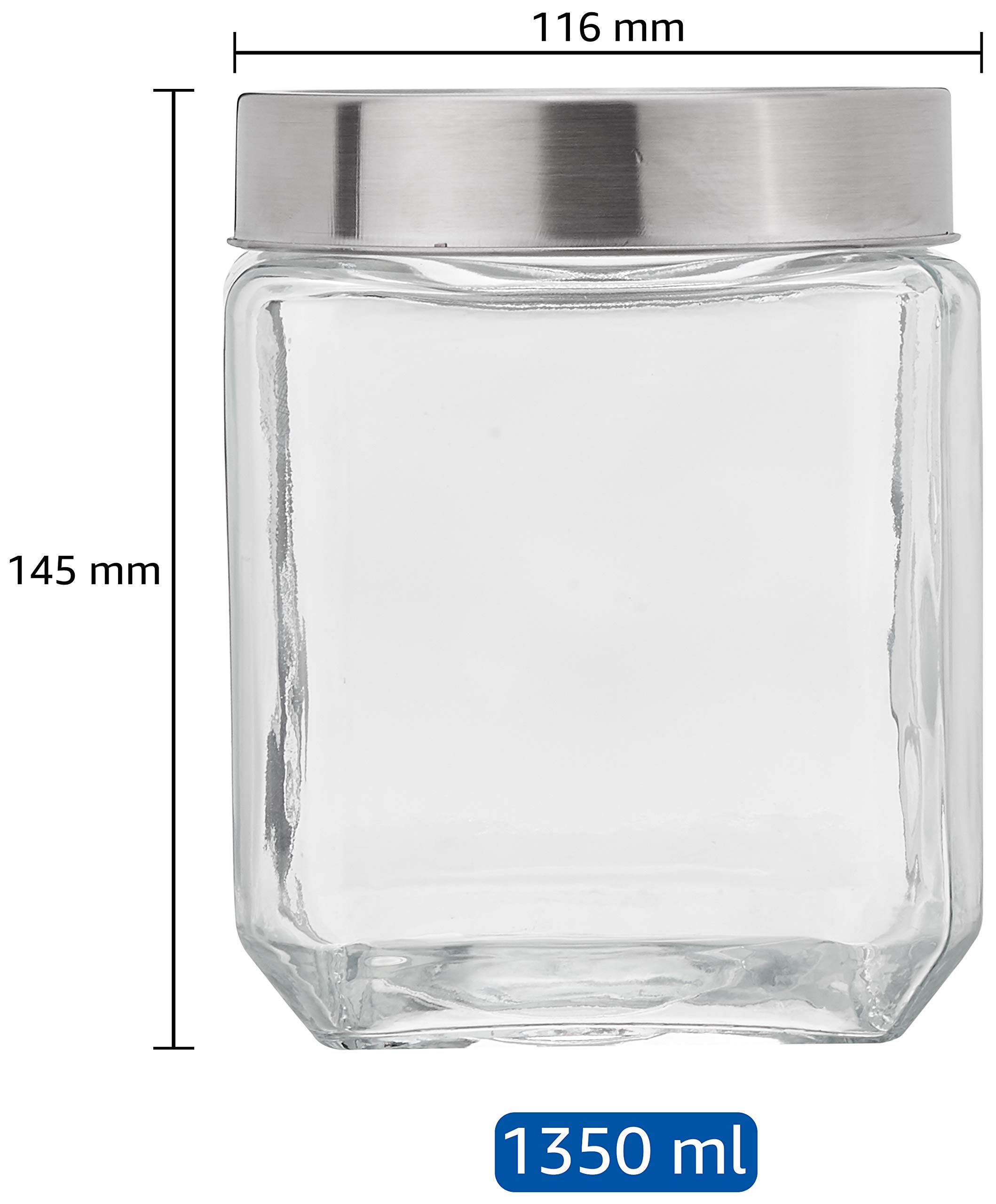 Amazon Brand - Solimo Square Glass Storage Containers, Set Of 6, 1350 Ml Each,Transparent 3